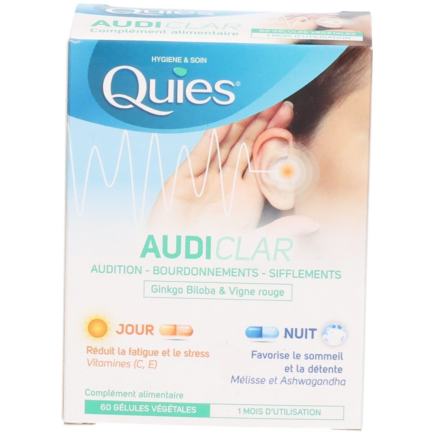 Face avant de la boîte QUIES AUDICLAR avec illustration d'oreille et ondes.