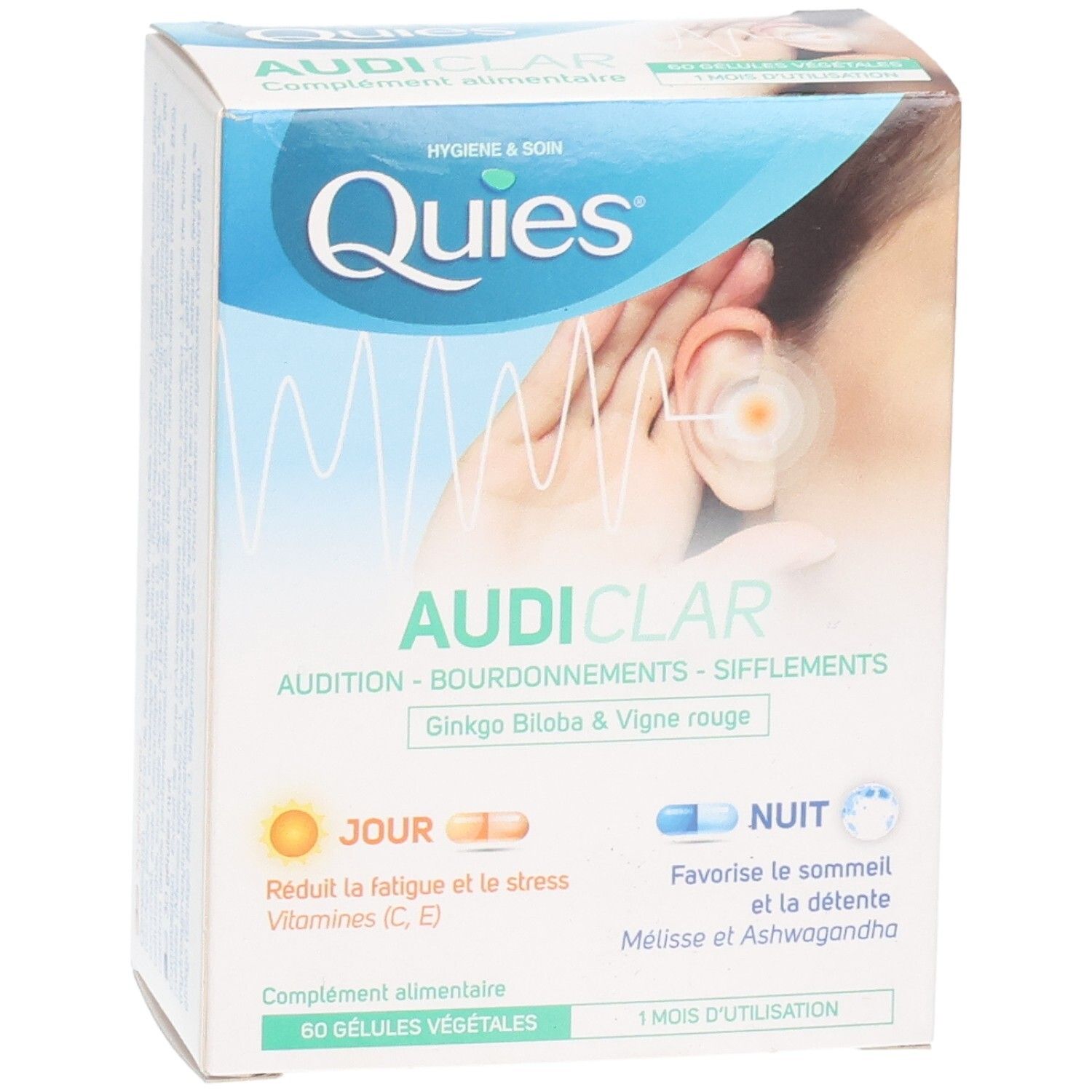 Boîte QUIES AUDICLAR de 60 gélules végétales jour et nuit.