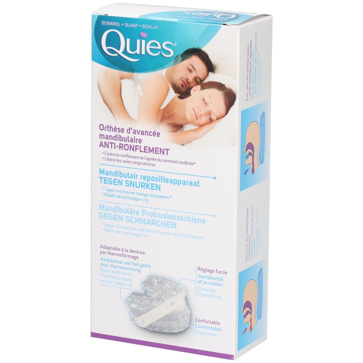 Orthèse anti-ronflement QUIES : emballage avec image d'un couple dormant et illustration du produit.