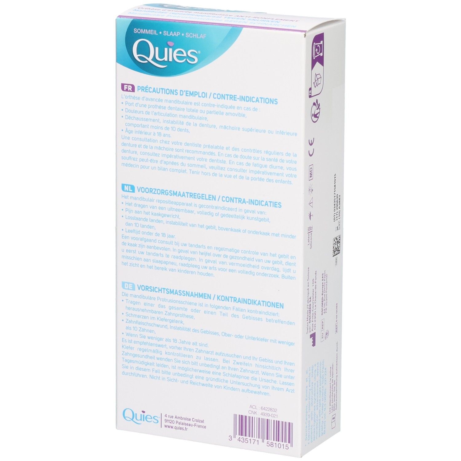 Orthèse anti-ronflement QUIES : arrière de l'emballage avec instructions d'utilisation et informations produit.