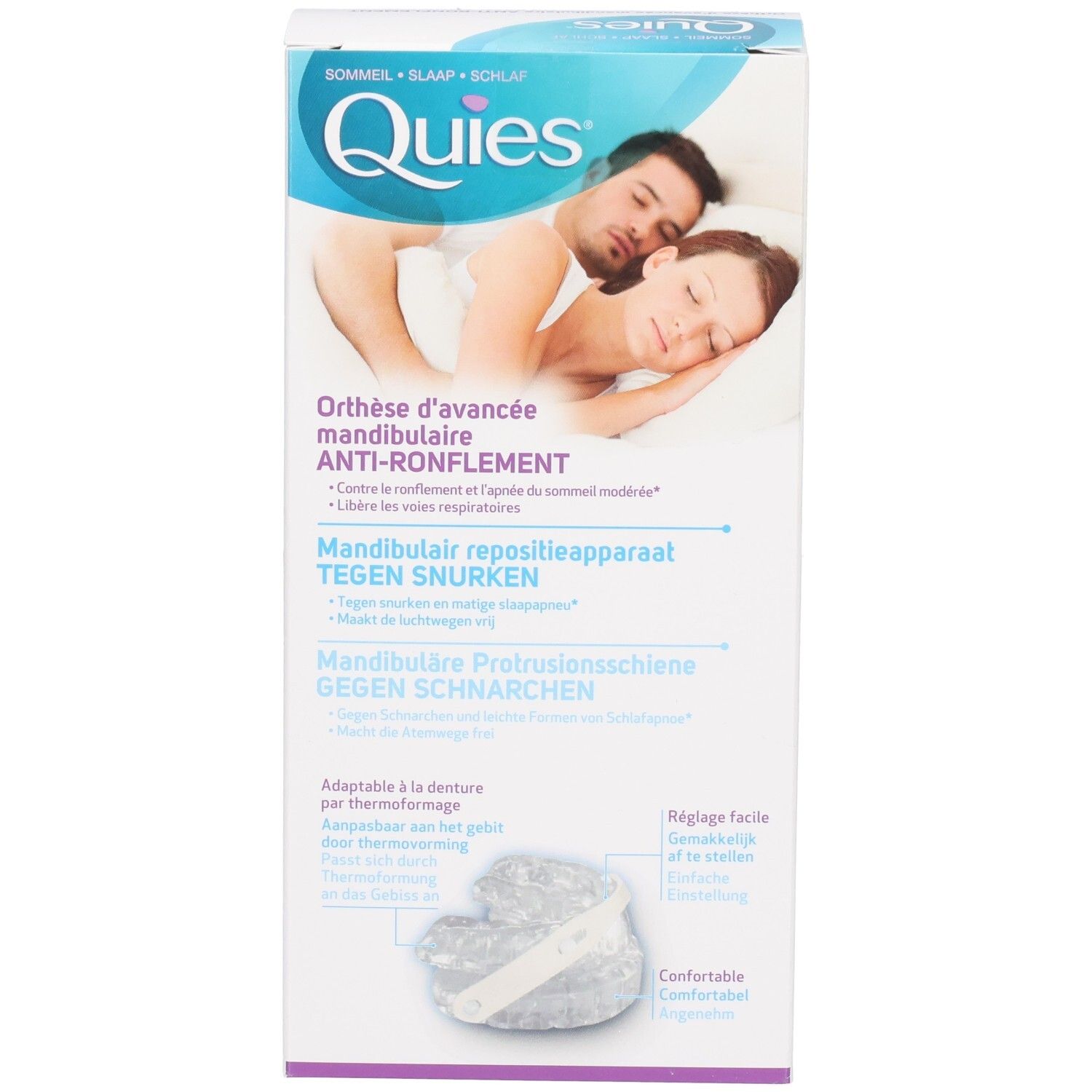 Orthèse anti-ronflement QUIES : emballage avec image d'un couple dormant et illustration du produit.