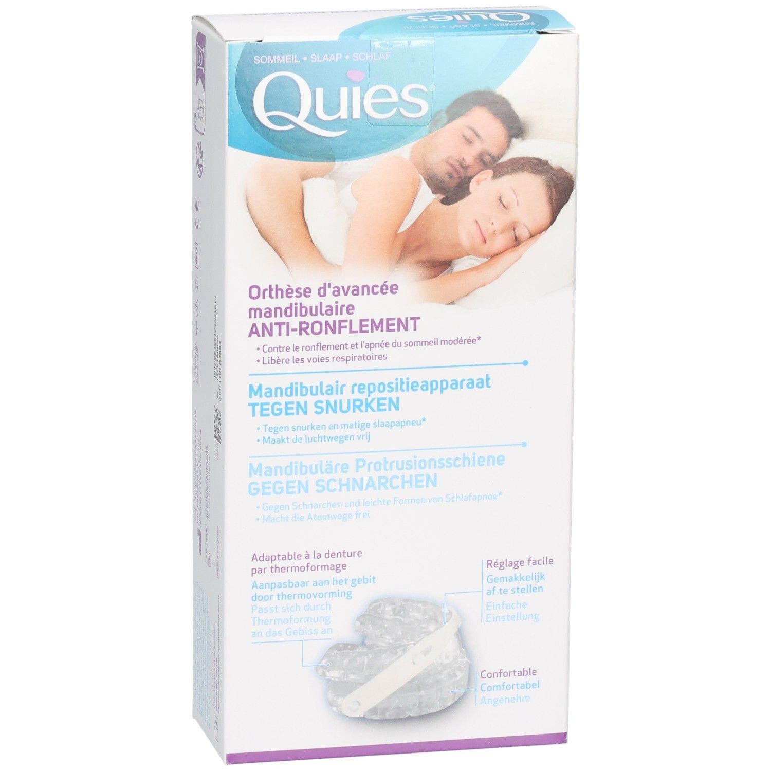 Orthèse anti-ronflement QUIES : emballage avec image d'un couple dormant et illustration du produit.