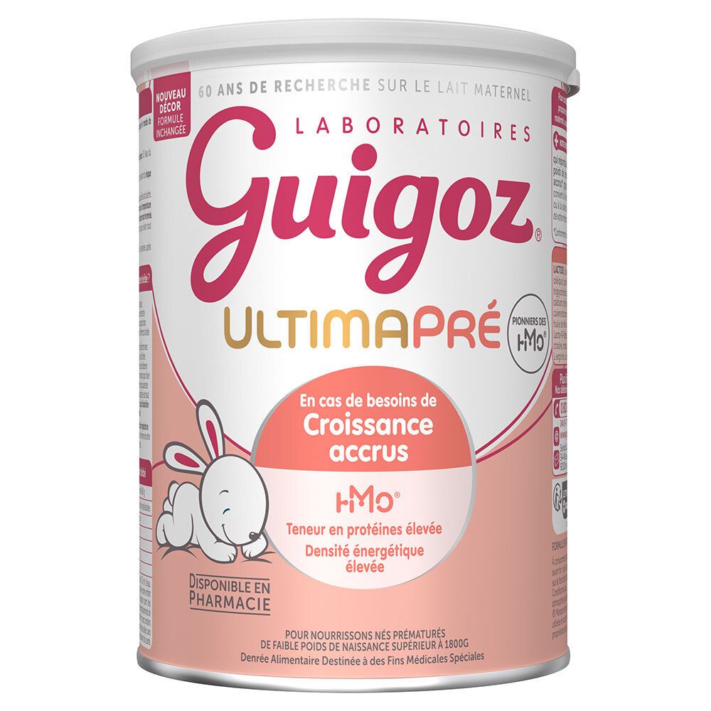 Boîte Guigoz UltimaPré. Design rose et blanc. Texte: 60 ans de recherche, UltimaPré, croissance, hMo, Disponible en pharmacie.