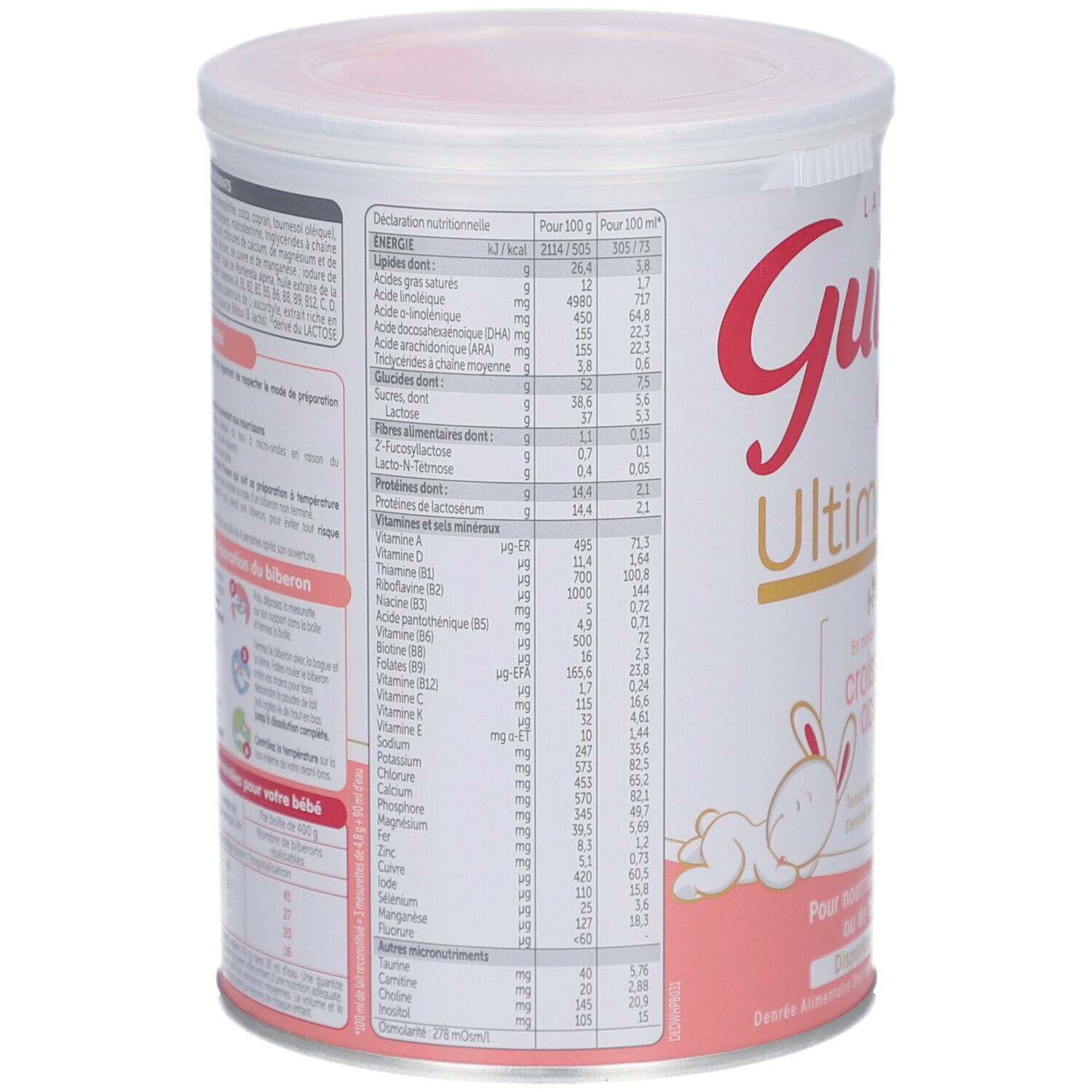 Boîte Guigoz UltimaPré. Tableau nutritionnel au dos. Informations nutritionnelles pour 100g. Inscription rouge et bande rose.