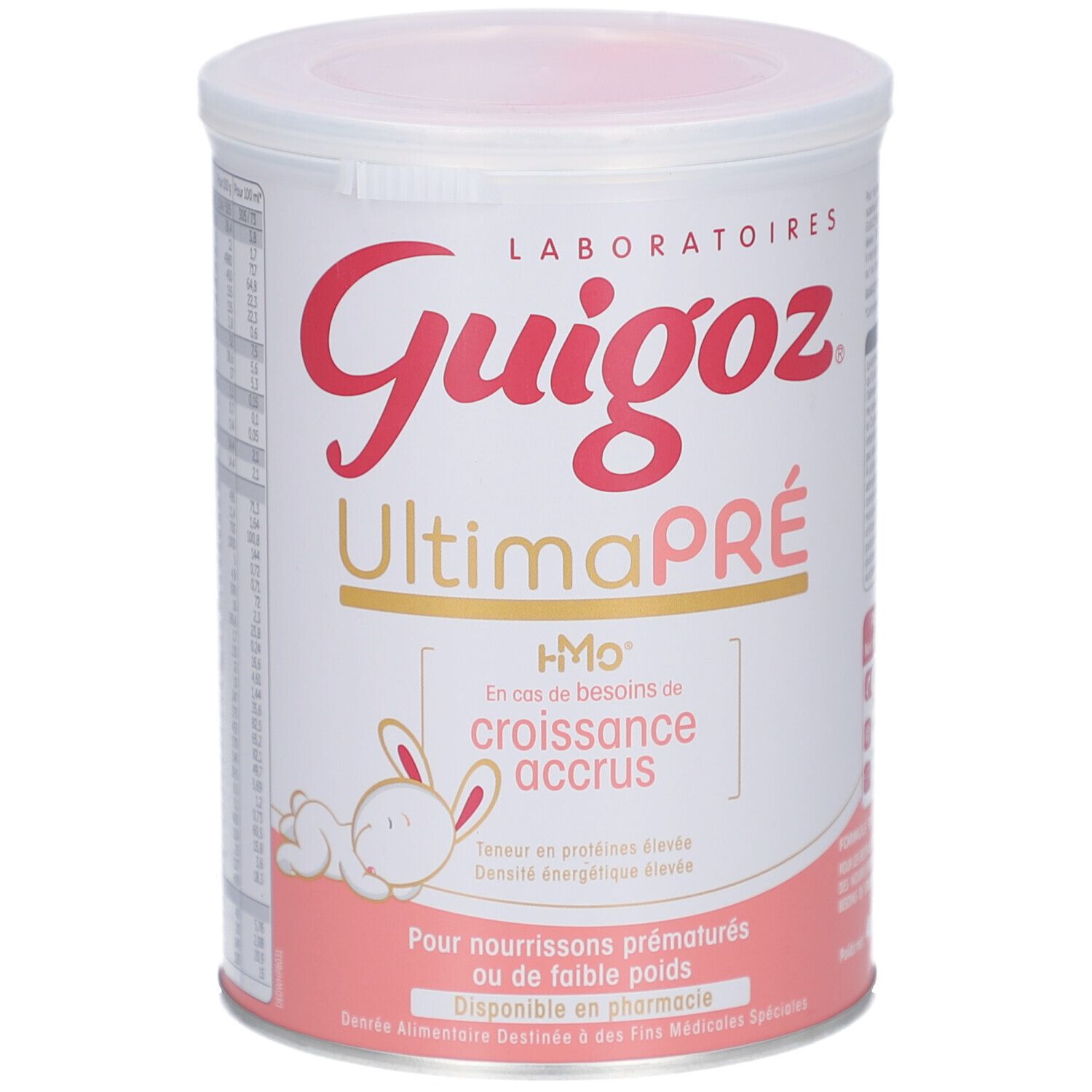 Boîte de Guigoz UltimaPré. Inscription rouge et bande rose. Illustration de lapin. "Pour nourrissons prématurés ou de faible poids".