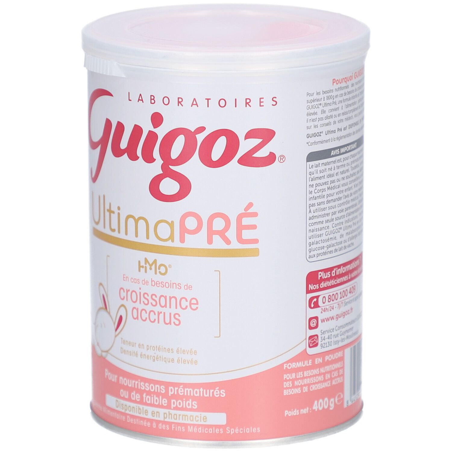 Boîte de Guigoz UltimaPré. Inscription rouge et bande rose. Illustration de lapin. Poids : 400g. "Pour nourrissons prématurés ou de faible poids".