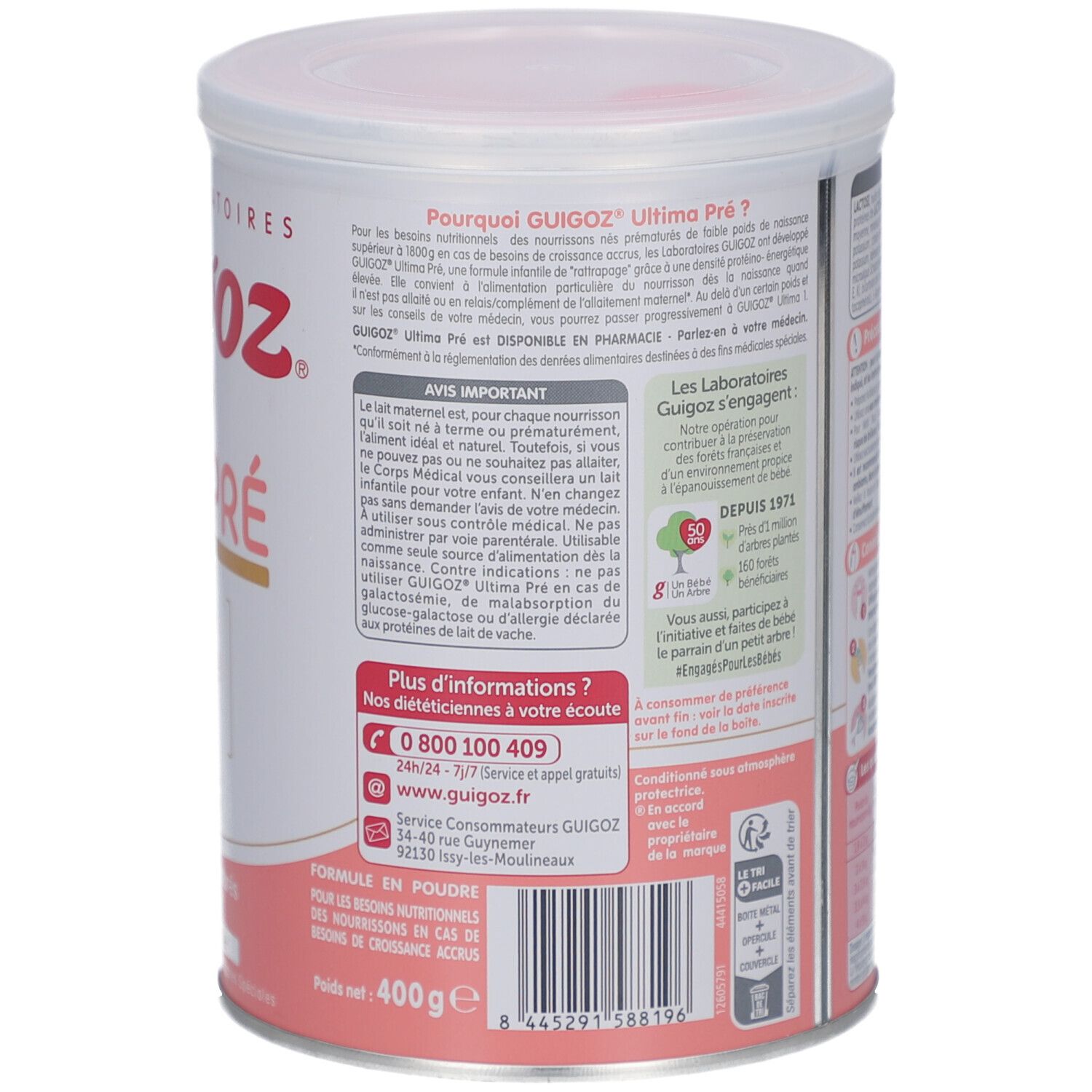 Boîte Guigoz UltimaPré. Dos avec informations et coordonnées. Poids : 400g. Inscription rouge et bande rose.