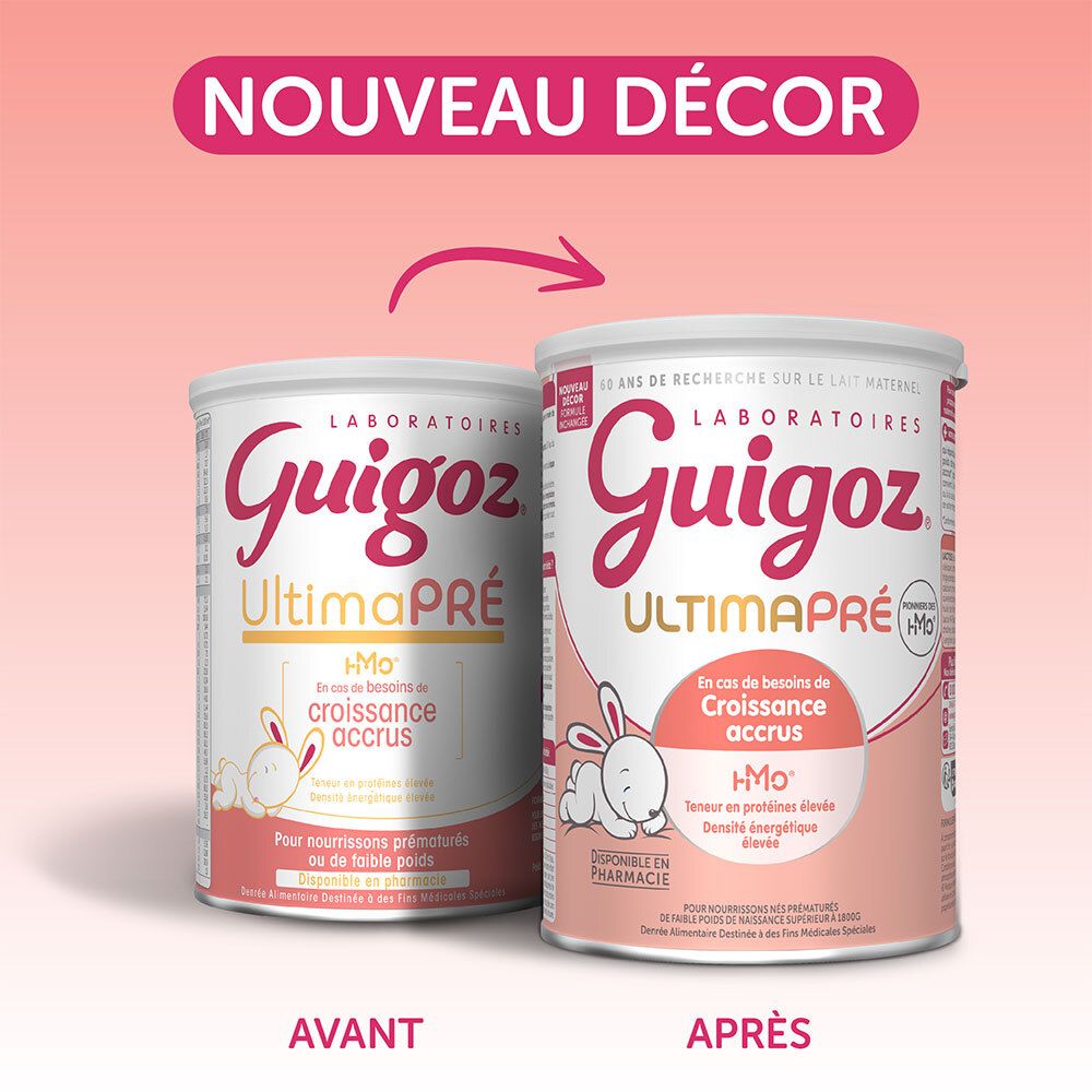 Comparaison de deux boîtes Guigoz UltimaPré : 'Avant' et 'Après' avec nouveau design.