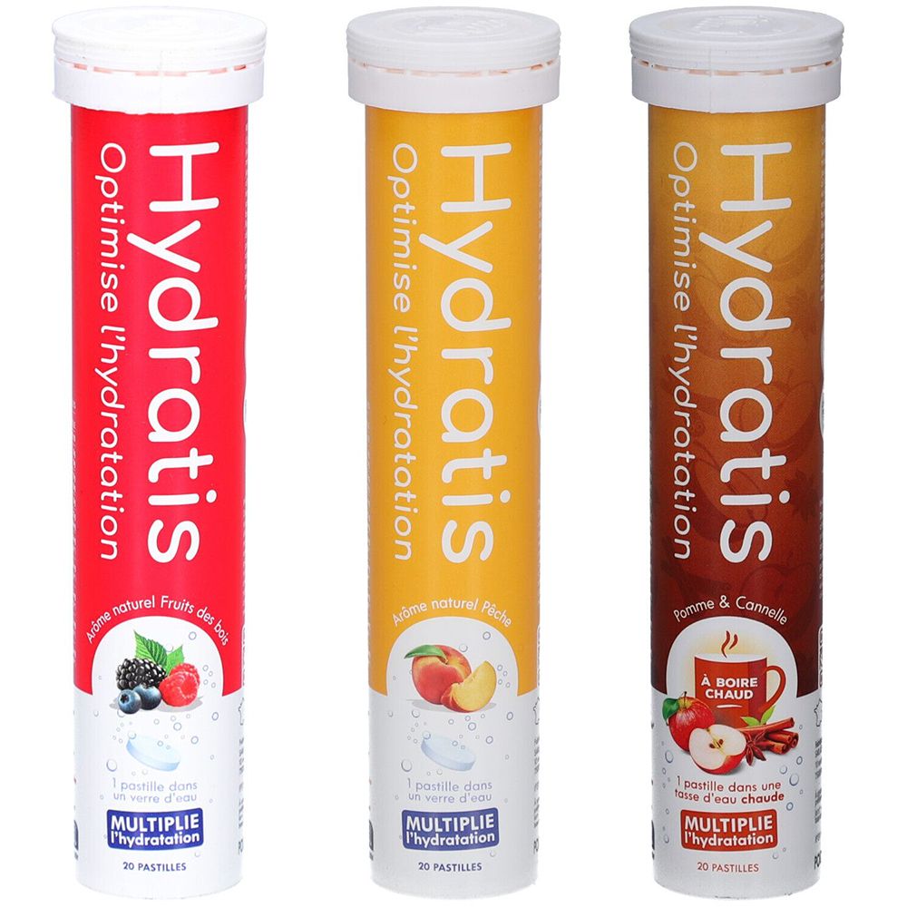 Trois tubes cylindriques de comprimés. Inscriptions "Hydratis" et "Optimise l'hydratation". Différentes saveurs.