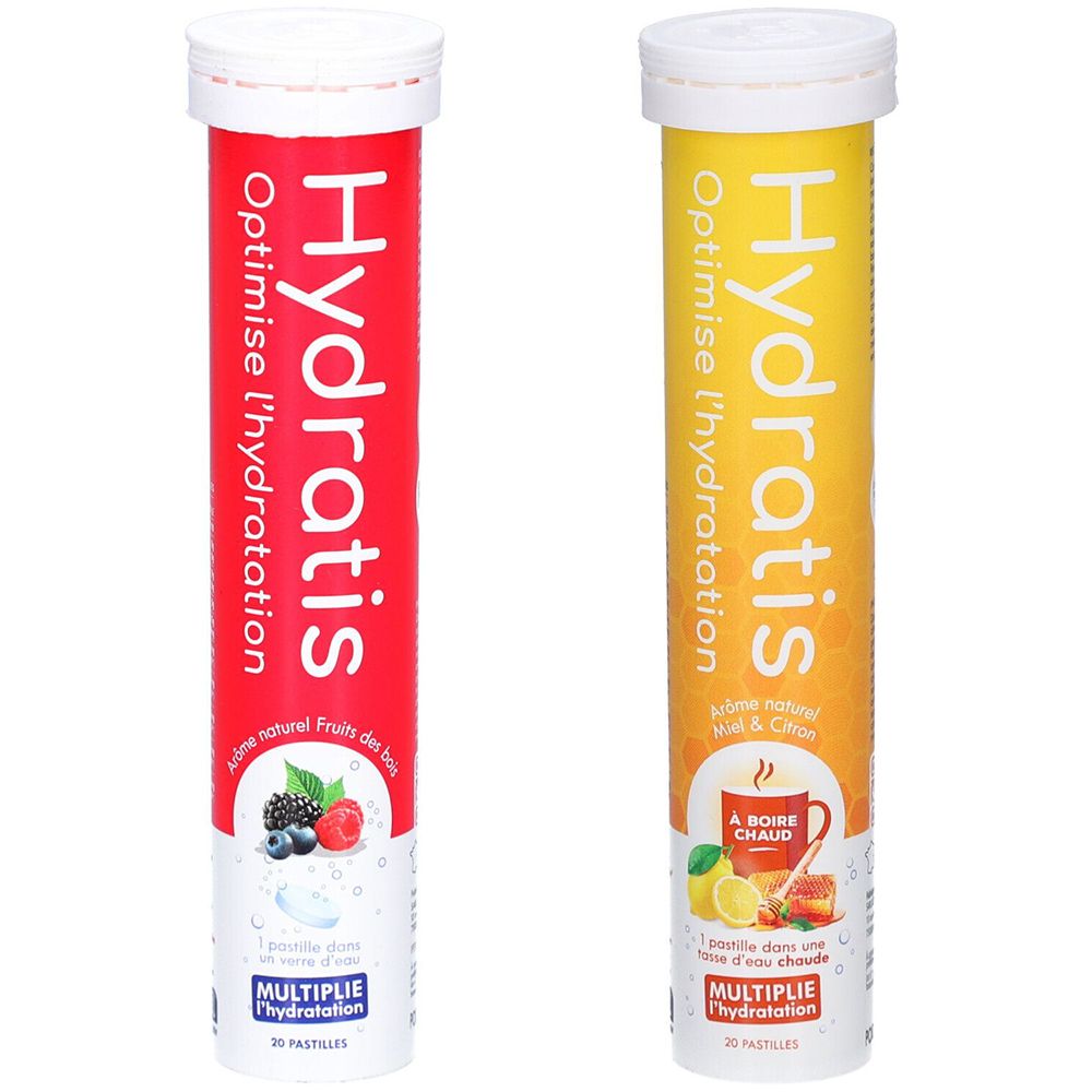 Deux tubes cylindriques de comprimés. Rouge et jaune. Inscription Hydratis, Optimise l'hydratation. Arômes : fruits des bois et miel citron.