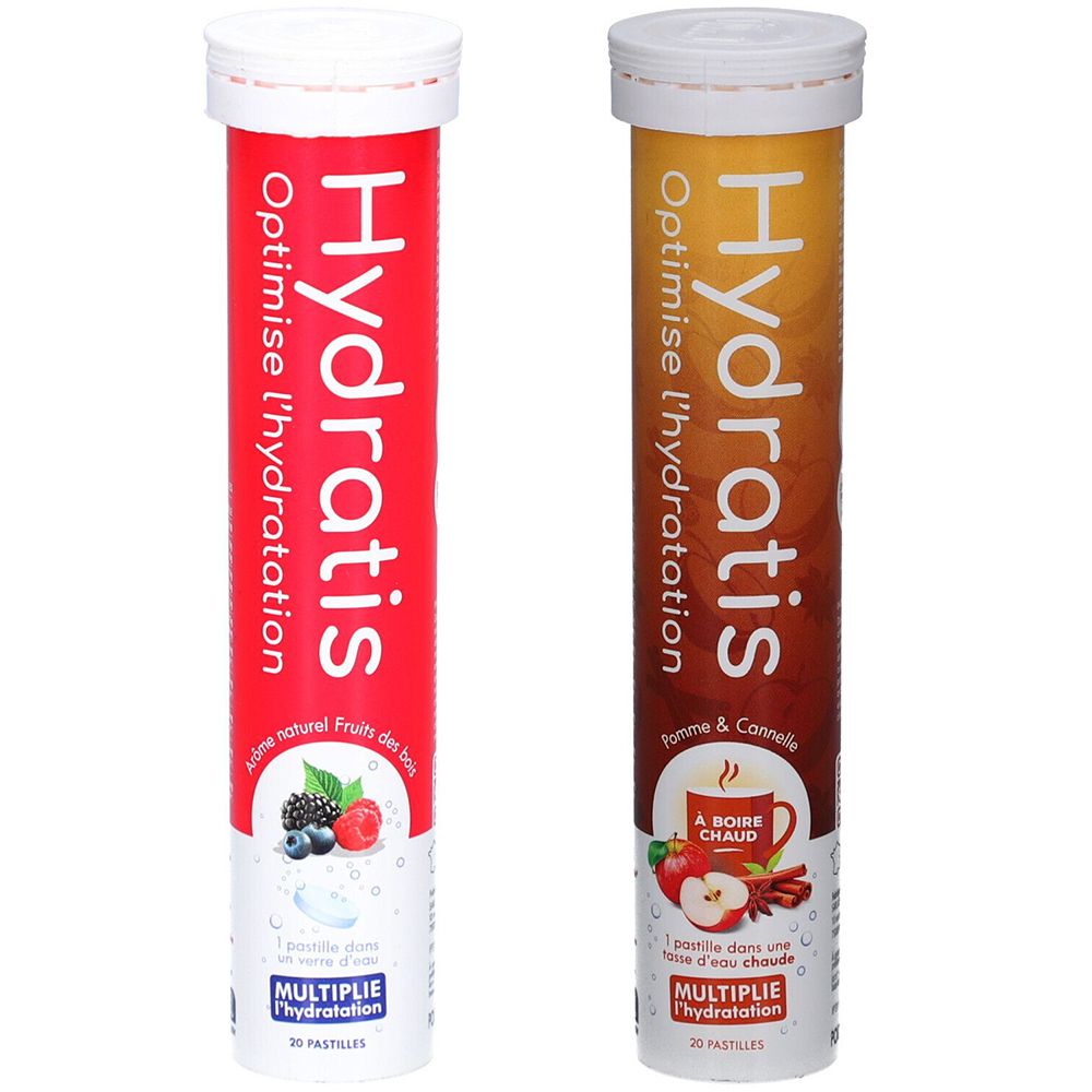 Deux tubes cylindriques de pastilles. Inscription Hydratis, Optimise l'hydratation. Un tube rouge, un marron.