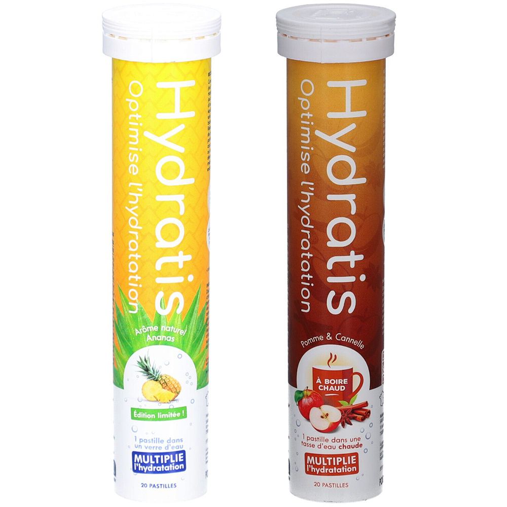 Deux tubes cylindriques de comprimés Hydratis. Inscription Optimise l'hydratation. Saveurs ananas et pomme-cannelle.