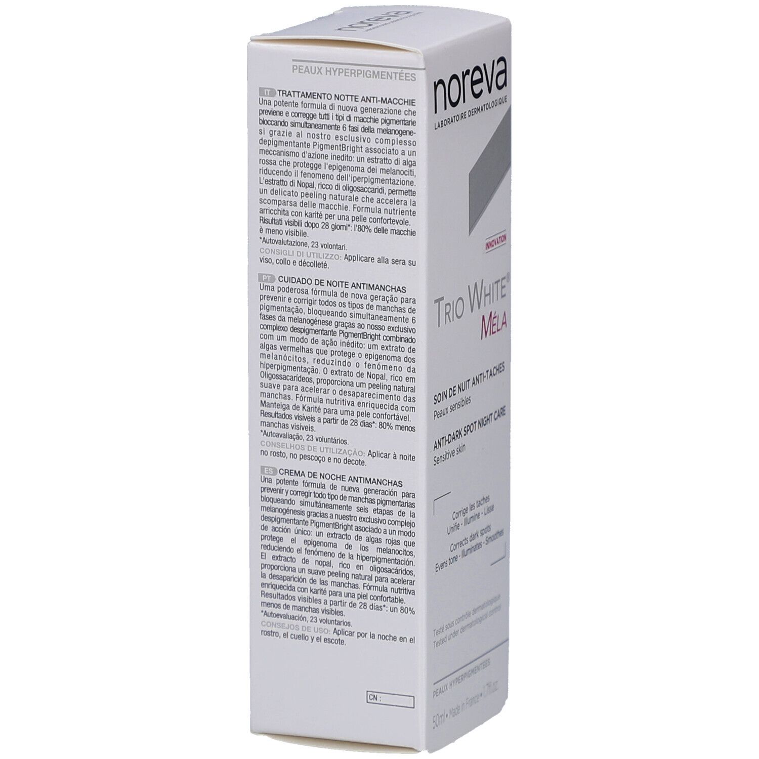 Boîte blanche. Texte en italien, français et espagnol. Marque: Noreva.