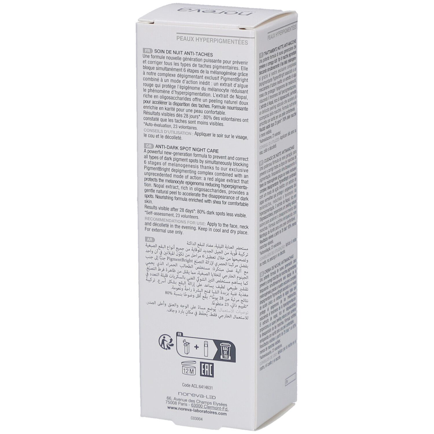 Boîte blanche. Texte multilingue. Marque: Noreva. Avec certifications.