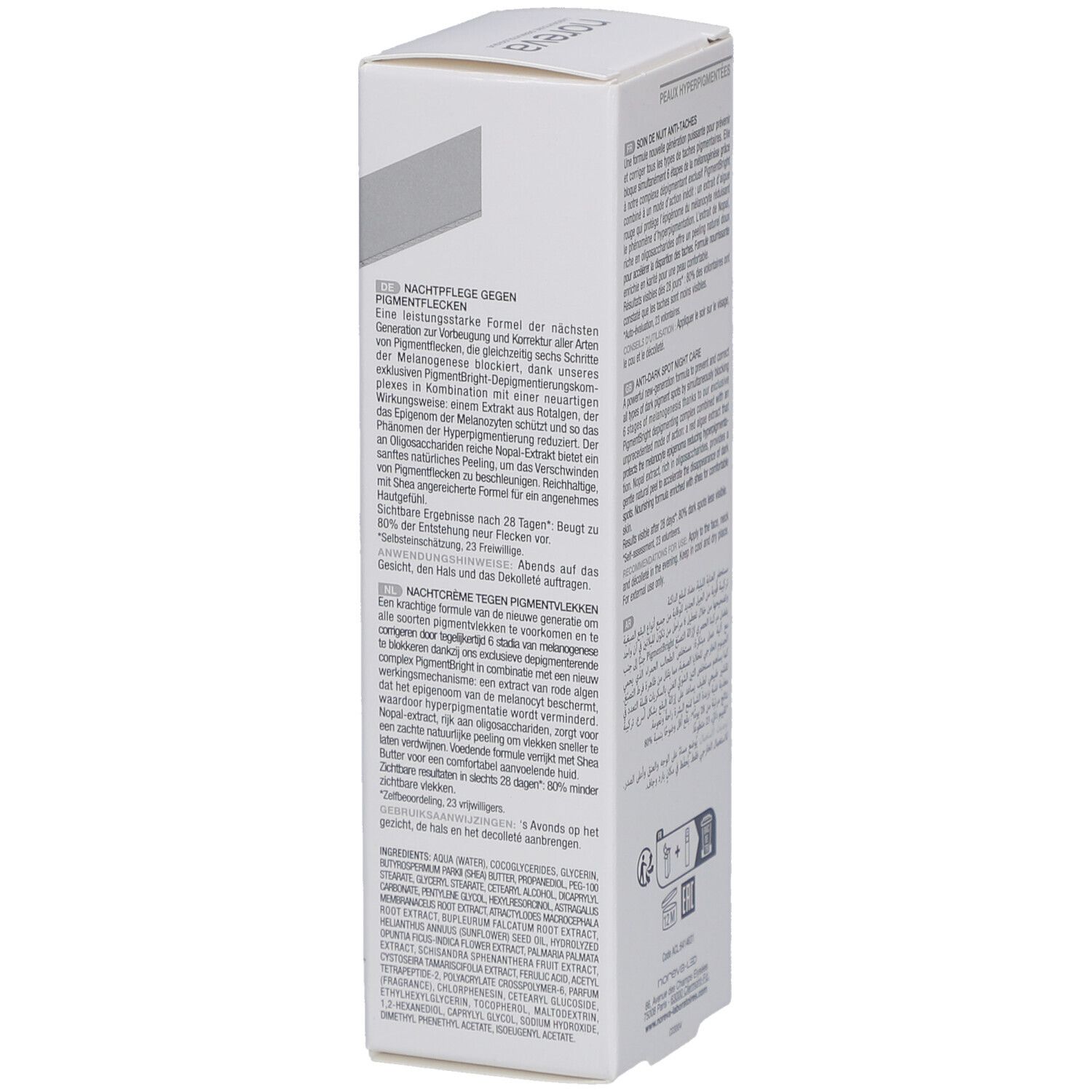 Boîte blanche. Texte multilingue. Marque: Noreva. Avec certifications.