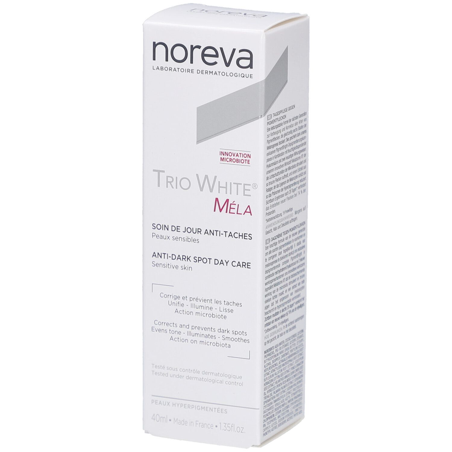 Boîte blanche Noreva Trio White Méla. Soin de jour anti-taches pour peaux sensibles. Ingrédients et informations.