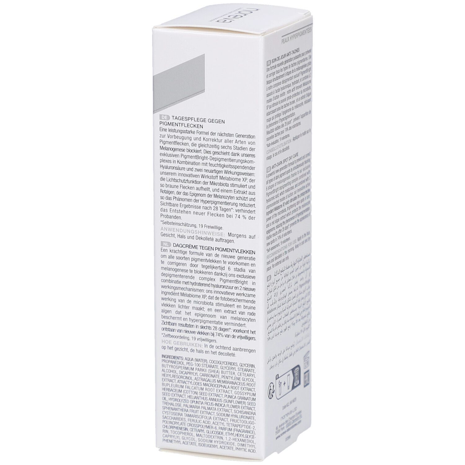 Vue latérale de la boîte Noreva Trio White Méla. Texte en allemand. Ingrédients et informations.