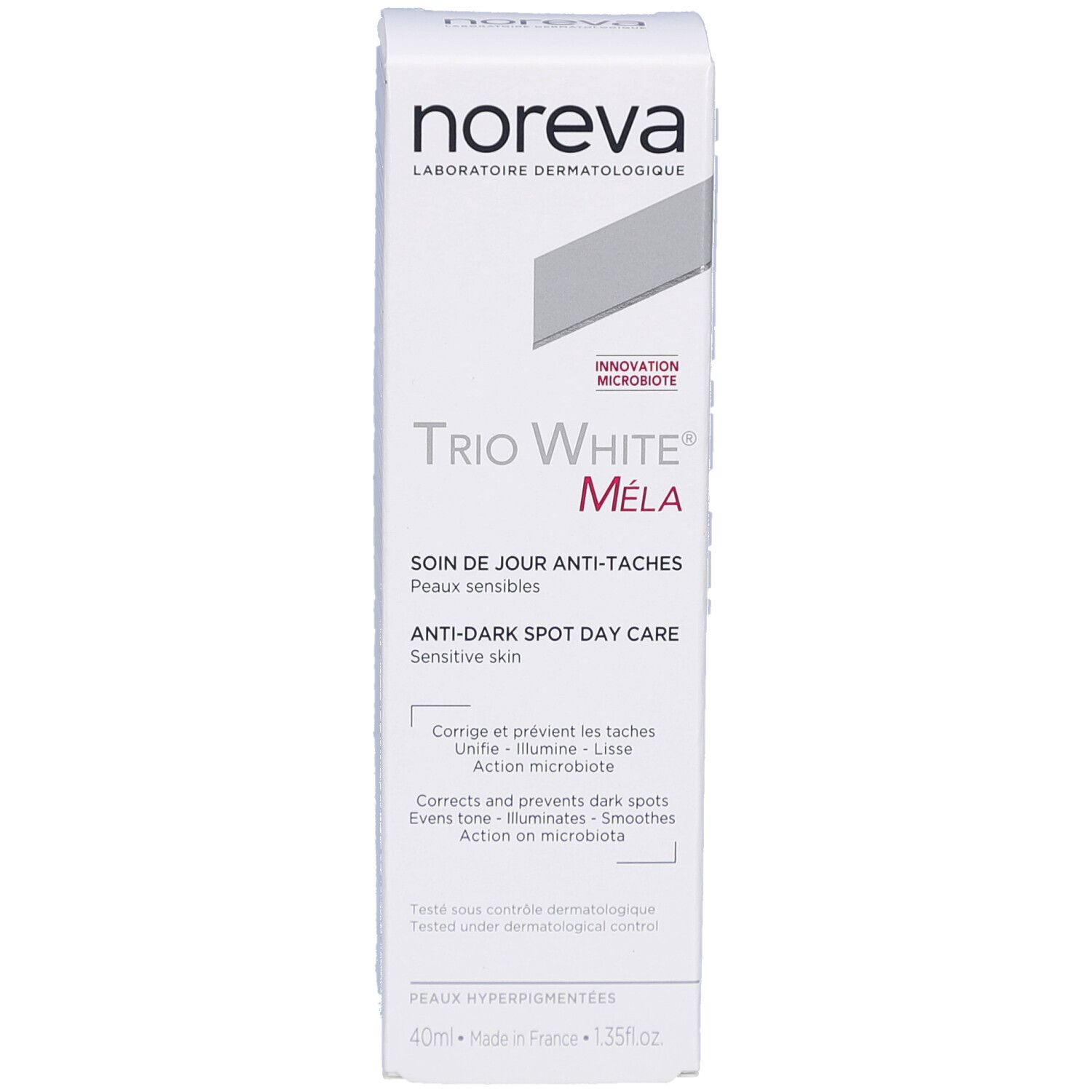 Boîte blanche Noreva Trio White Méla. Soin de jour anti-taches pour peaux sensibles. Ingrédients et informations.