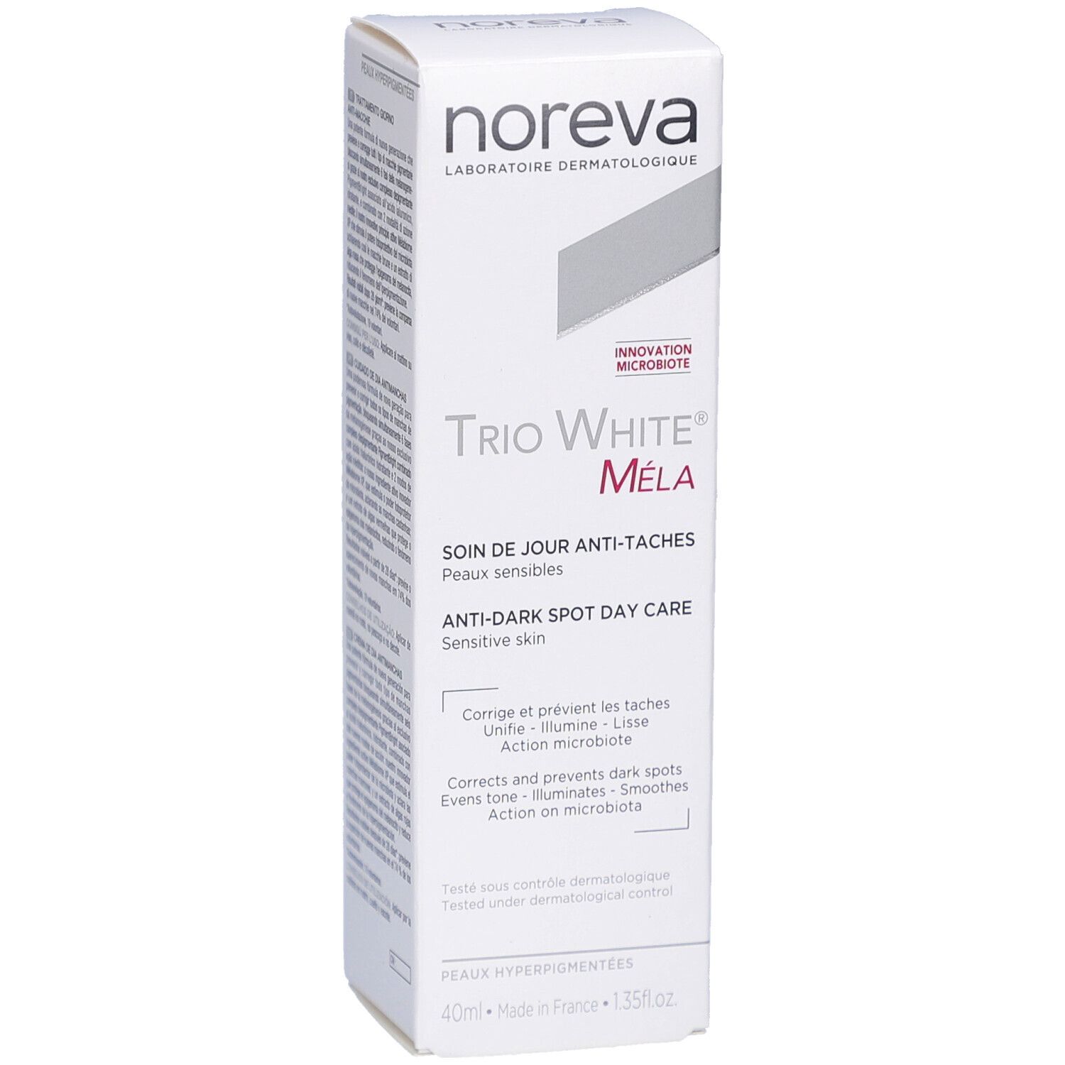 Boîte blanche Noreva Trio White Méla. Soin de jour anti-taches pour peaux sensibles. Ingrédients et informations.