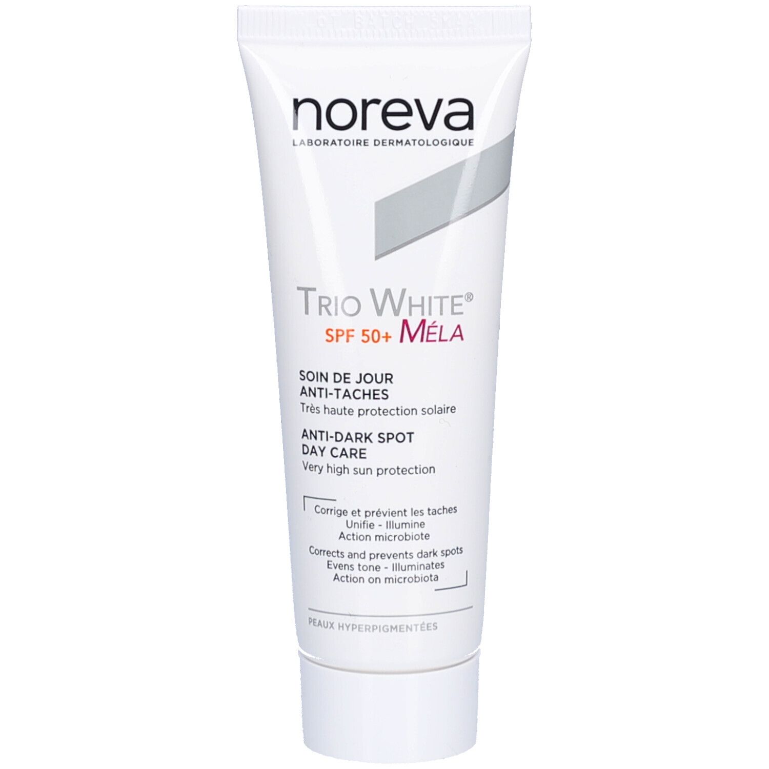 Tube blanc avec impression du produit. Inscription : Trio White Mela SPF50+. Texte en français et en anglais. Marque : Noreva.