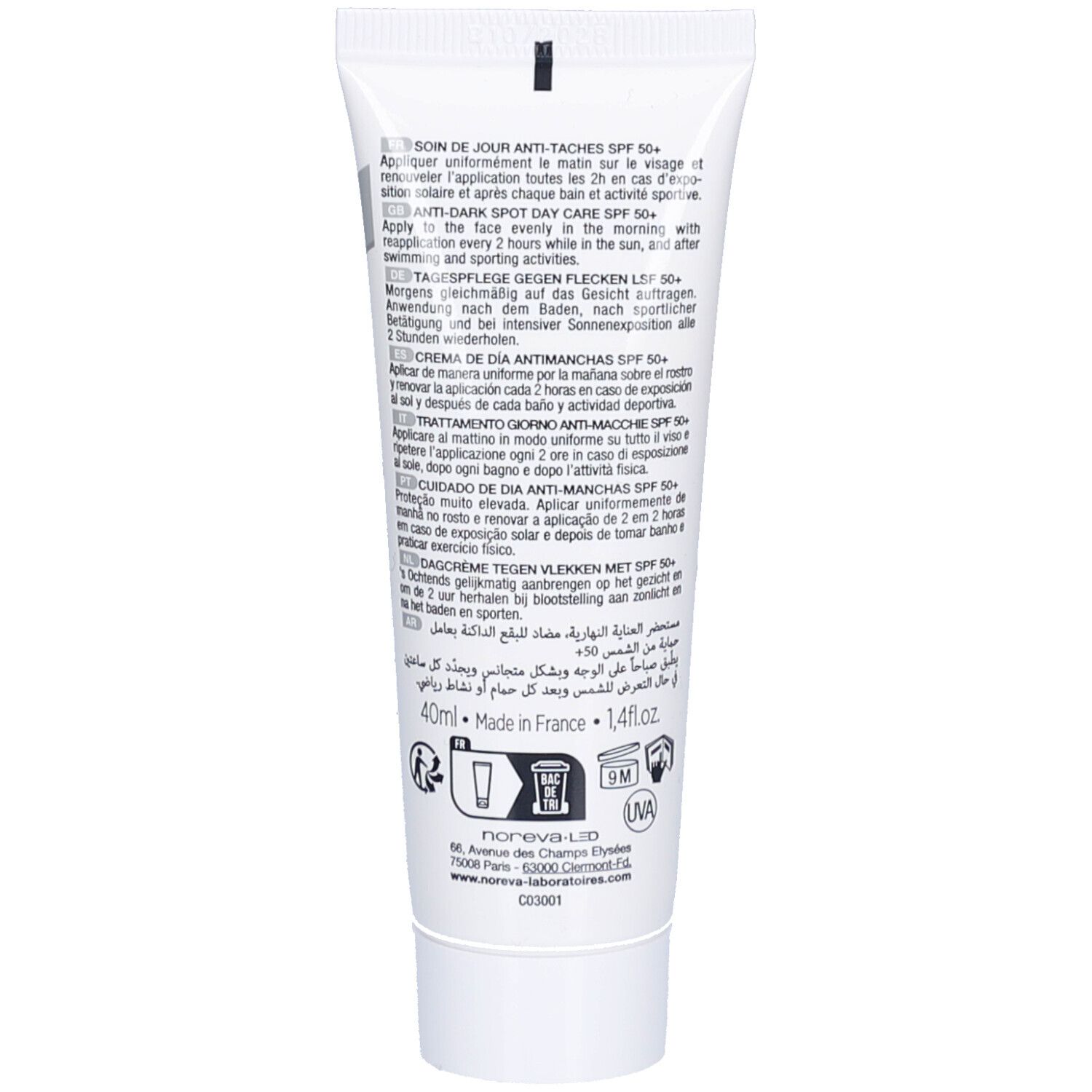 Dos du tube. Texte en plusieurs langues. Informations sur l'utilisation et les ingrédients. Marque : Noreva.