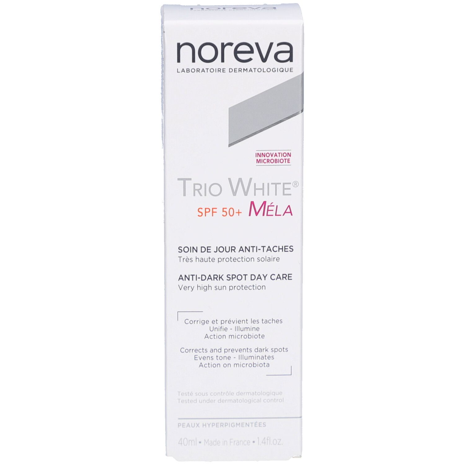 Boîte blanche. Inscription : Trio White Mela SPF50+. Texte en français et en anglais. Marque : Noreva.