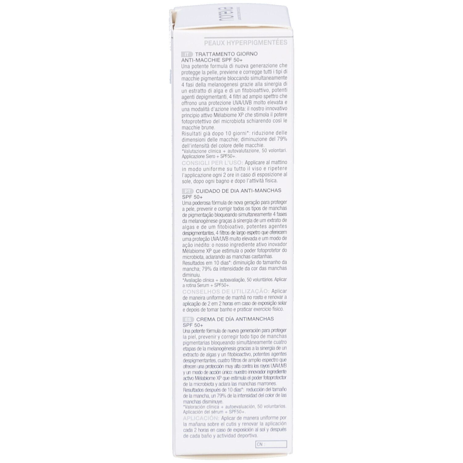 Dos de la boîte. Texte en plusieurs langues. Informations sur l'utilisation et les ingrédients. Marque : Noreva.