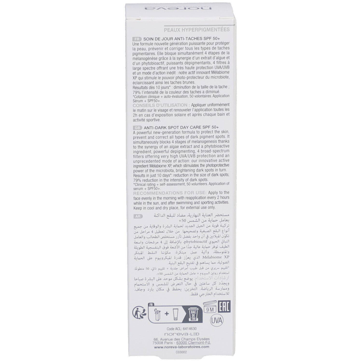 Côté de la boîte. Texte en plusieurs langues. Informations sur l'utilisation et les ingrédients. Marque : Noreva.