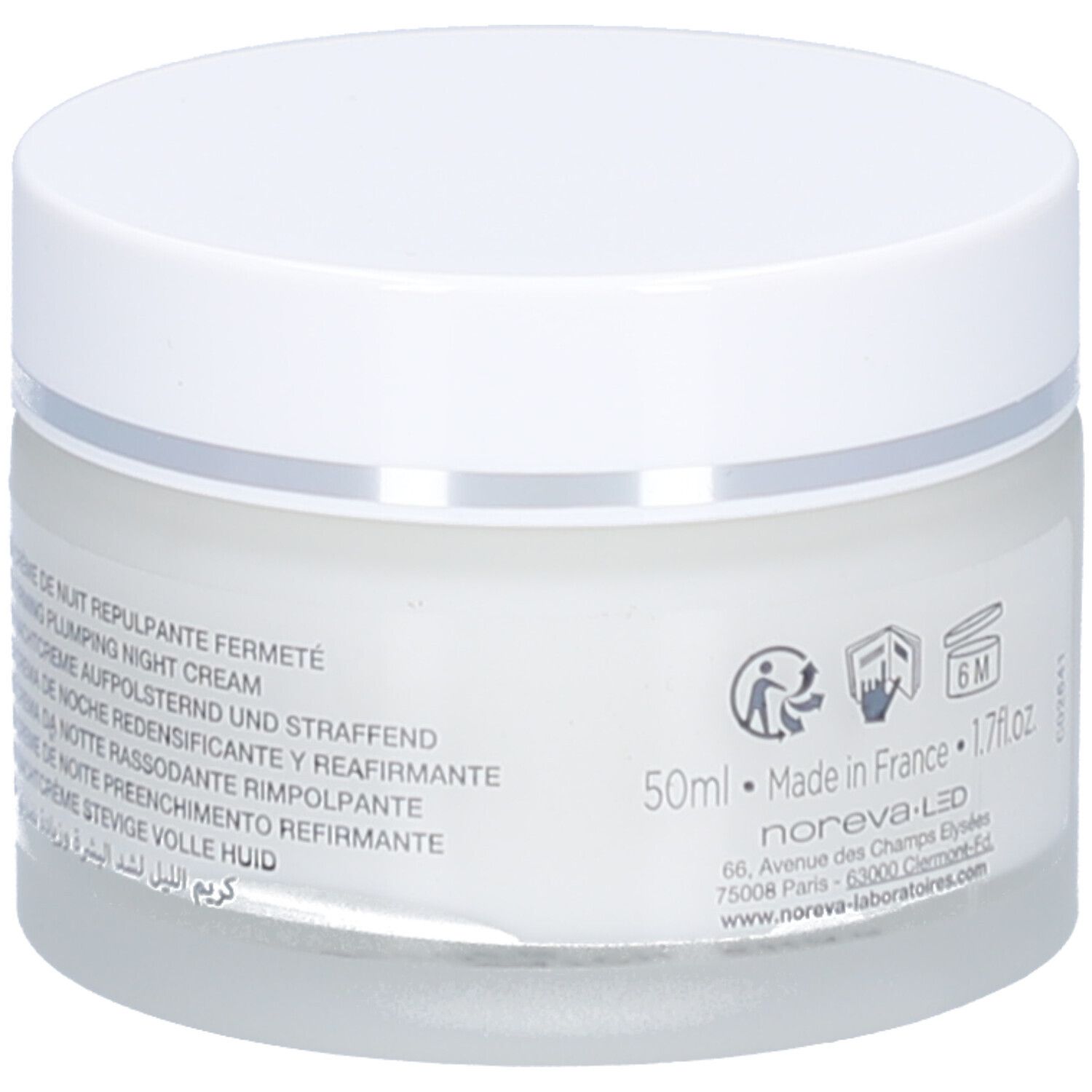 Pot de crème avec couvercle blanc. Inscription: 50ml, Fabriqué en France, texte multilingue. Symboles.