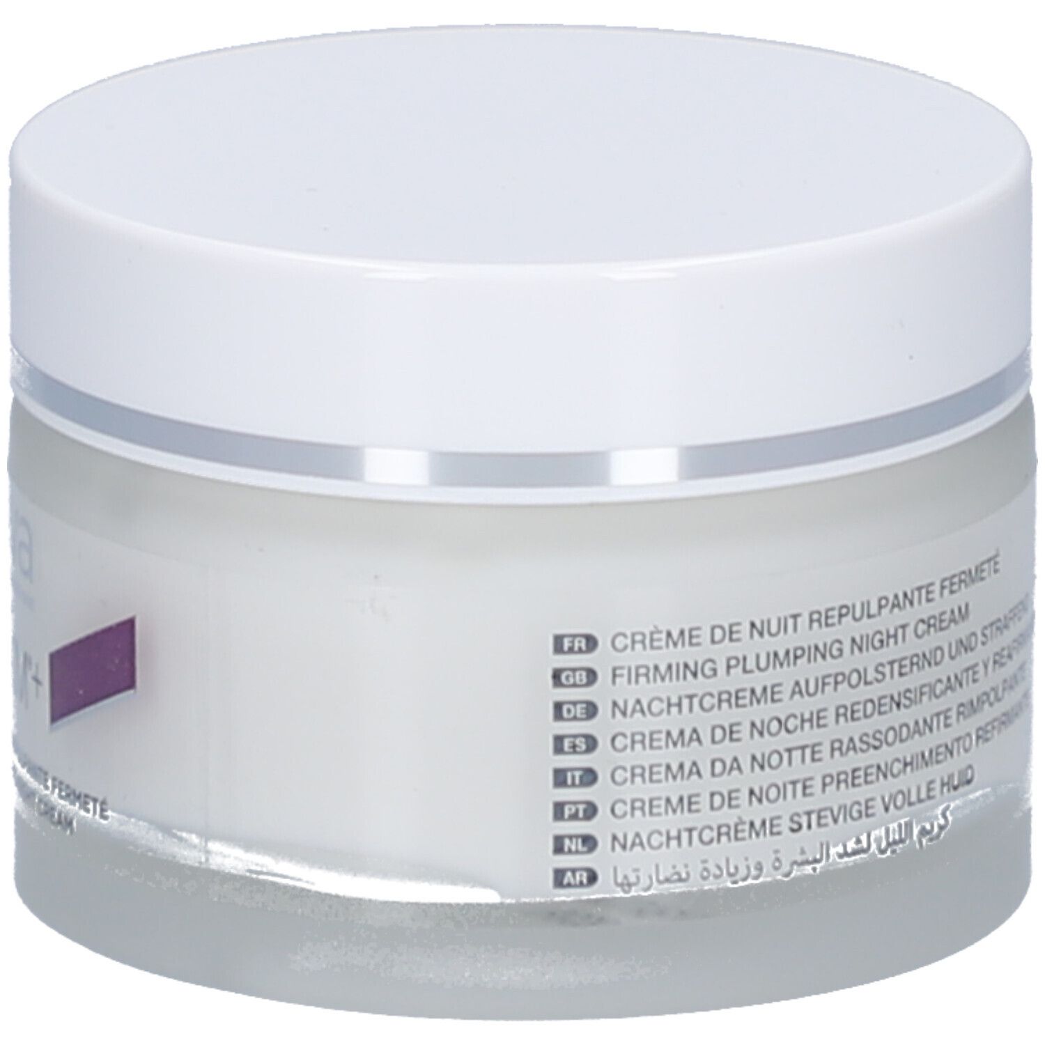 Pot de crème avec couvercle blanc. Inscription: Texte multilingue, dont français et allemand. Accent violet.