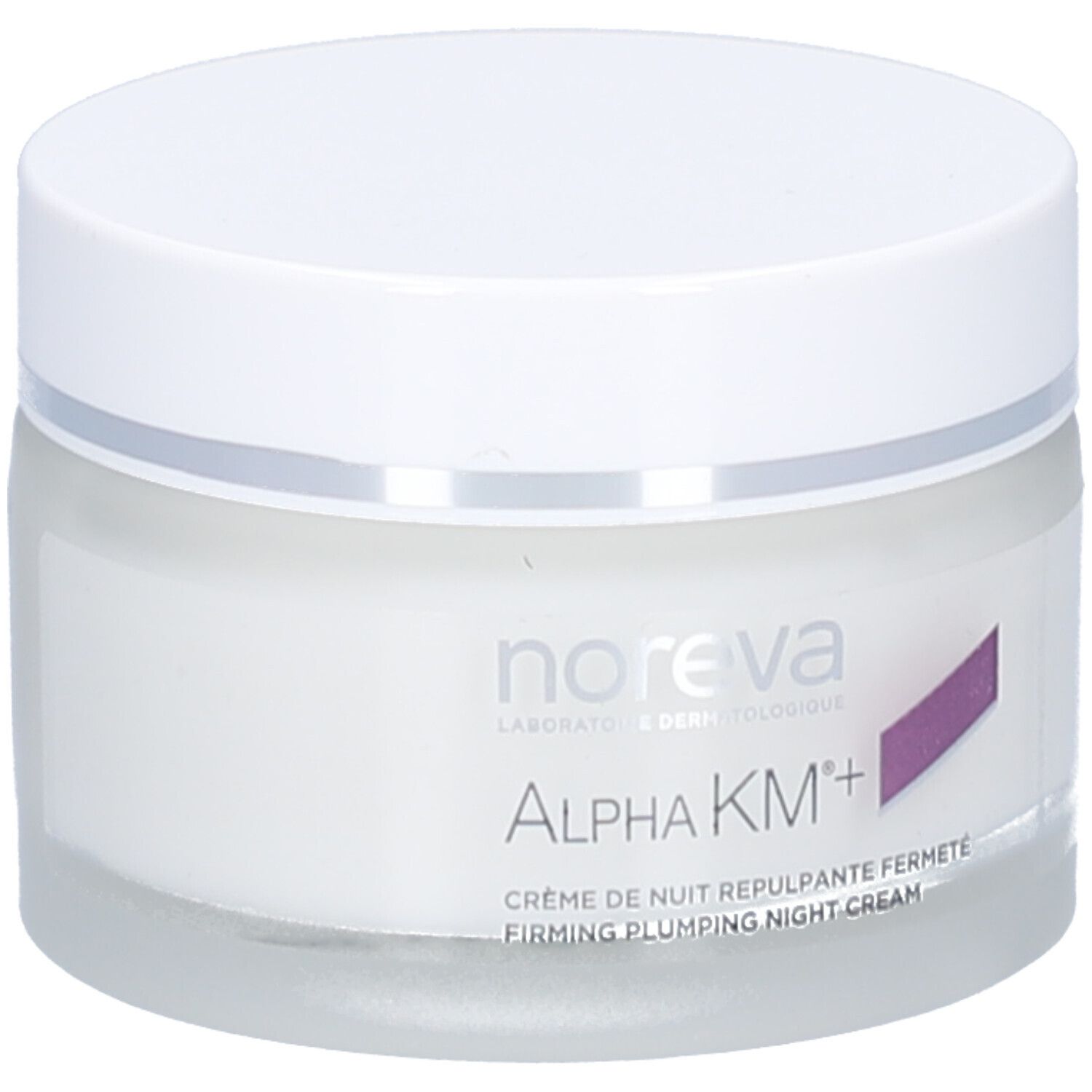 Pot de crème avec couvercle blanc. Inscription: Noreva, Alpha KM+, Crème de nuit repulpante fermeté. Accent violet.
