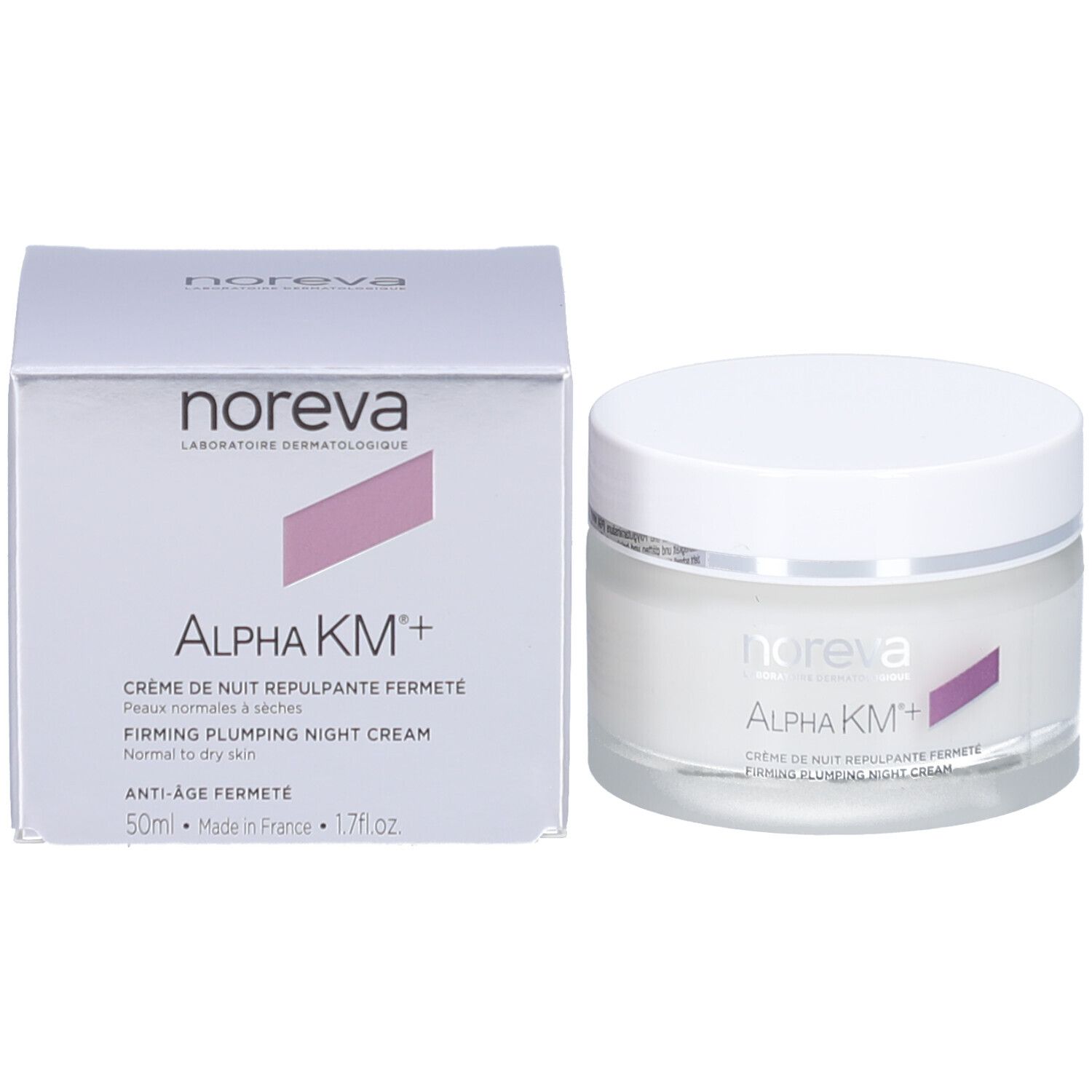 Pot de crème et boîte. Inscription: Noreva, Alpha KM+, Crème de nuit repulpante fermeté. 50ml. Fabriqué en France.