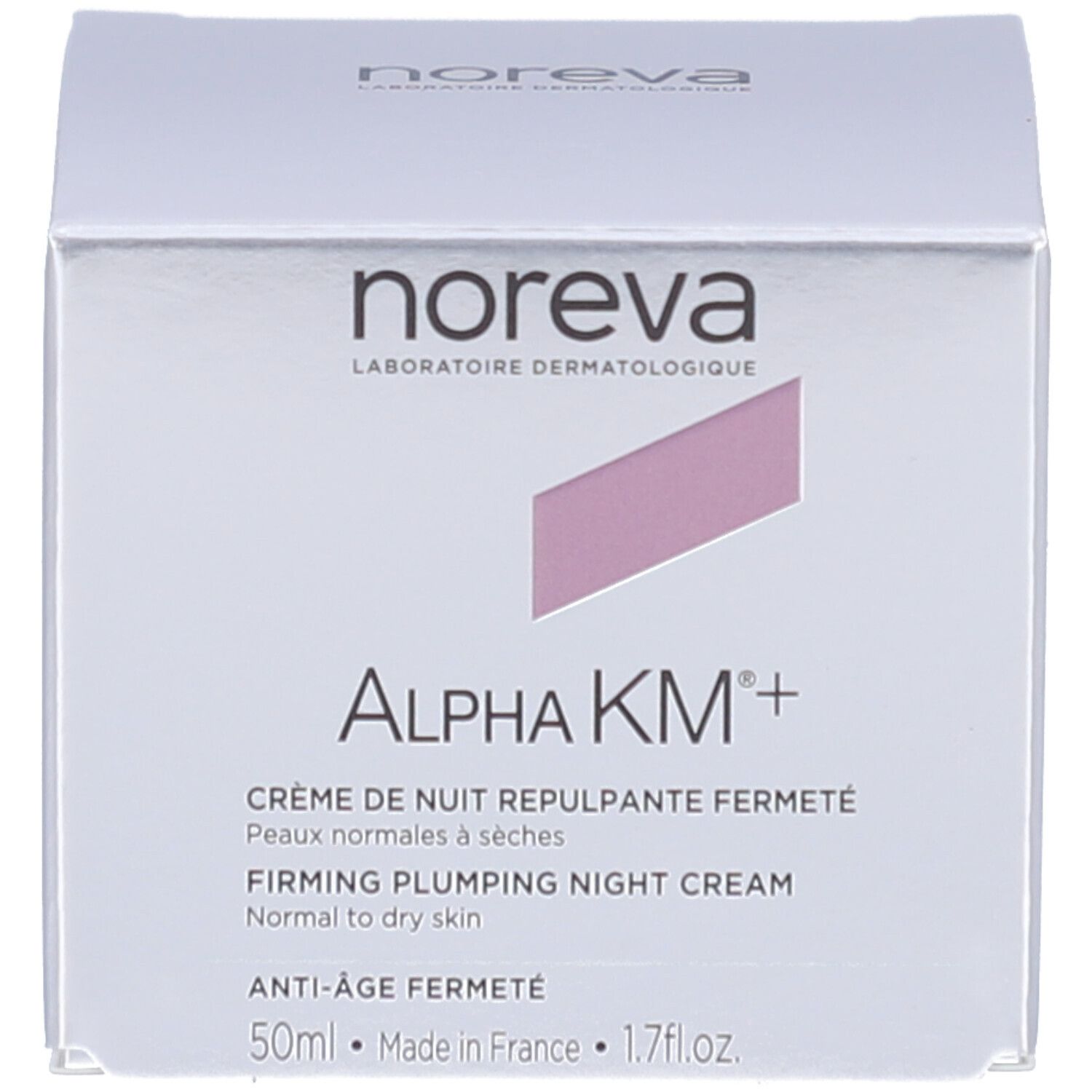 Boîte. Inscription: Noreva, Alpha KM+, Crème de nuit repulpante fermeté. 50ml. Fabriqué en France. Anti-Âge Fermeté.