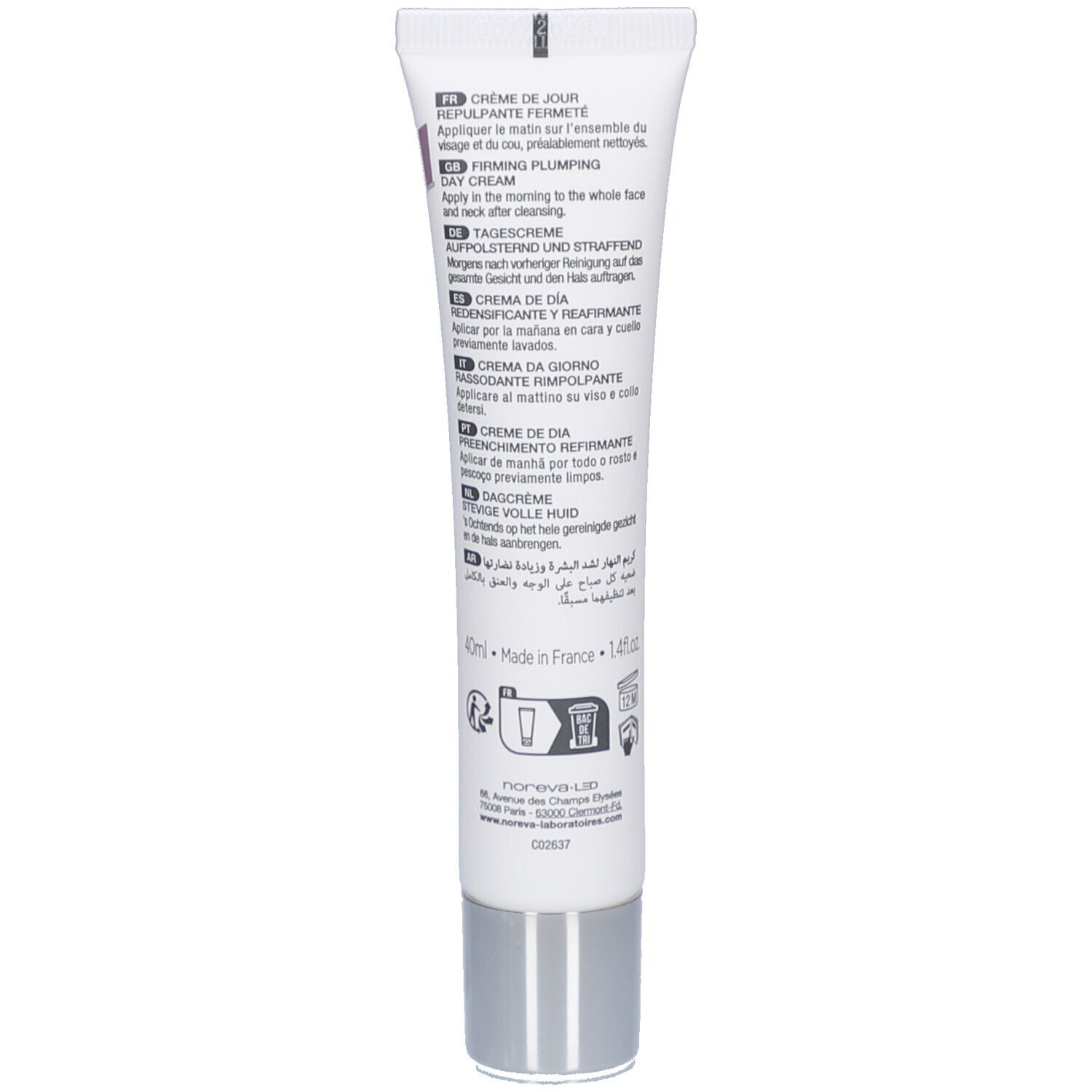 Dos du tube. Informations produit multilingues. Bouchon argenté.