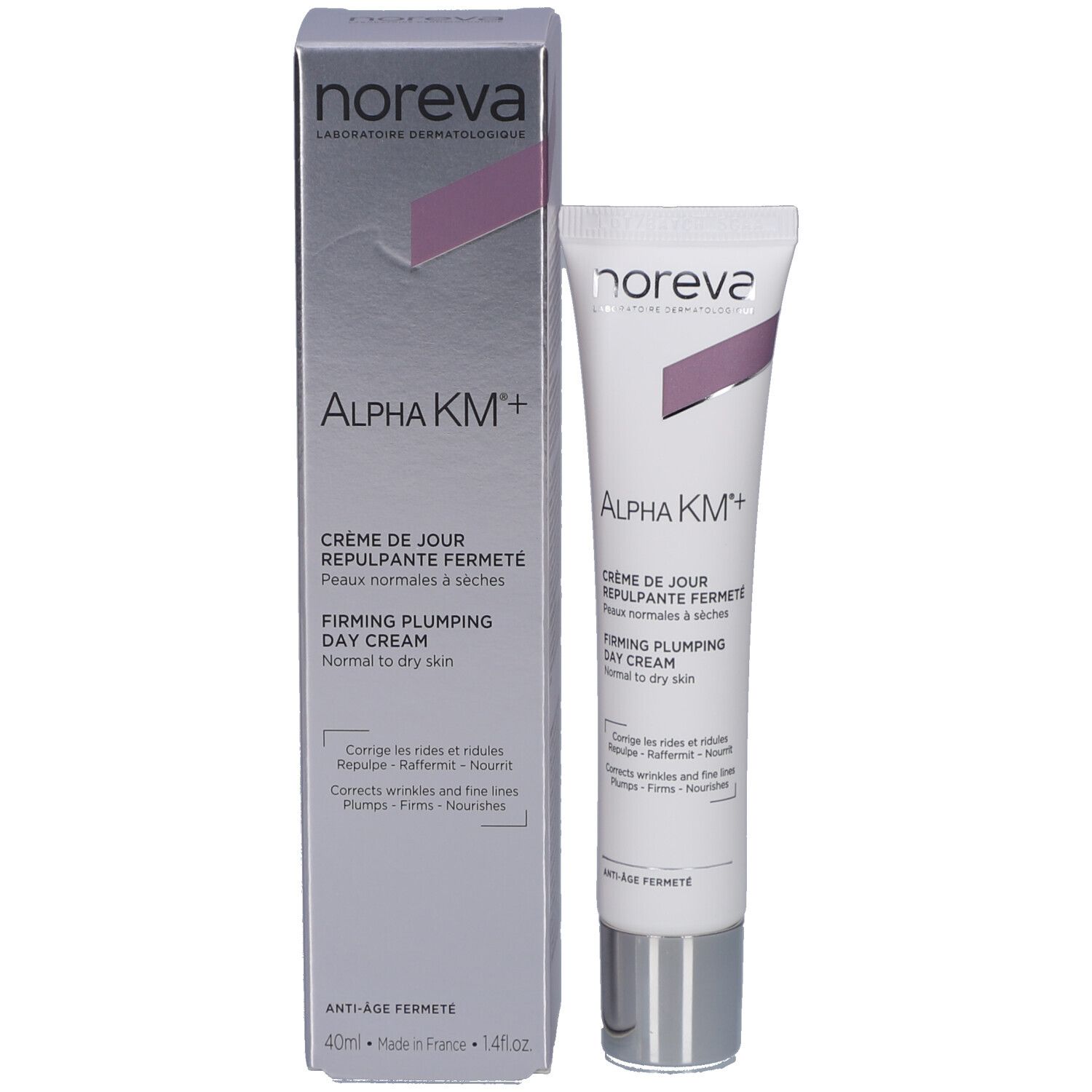 Emballage et tube. Emballage : argenté, inscription : NOREVA, ALPHA KM+. Tube : blanc, bouchon argenté.