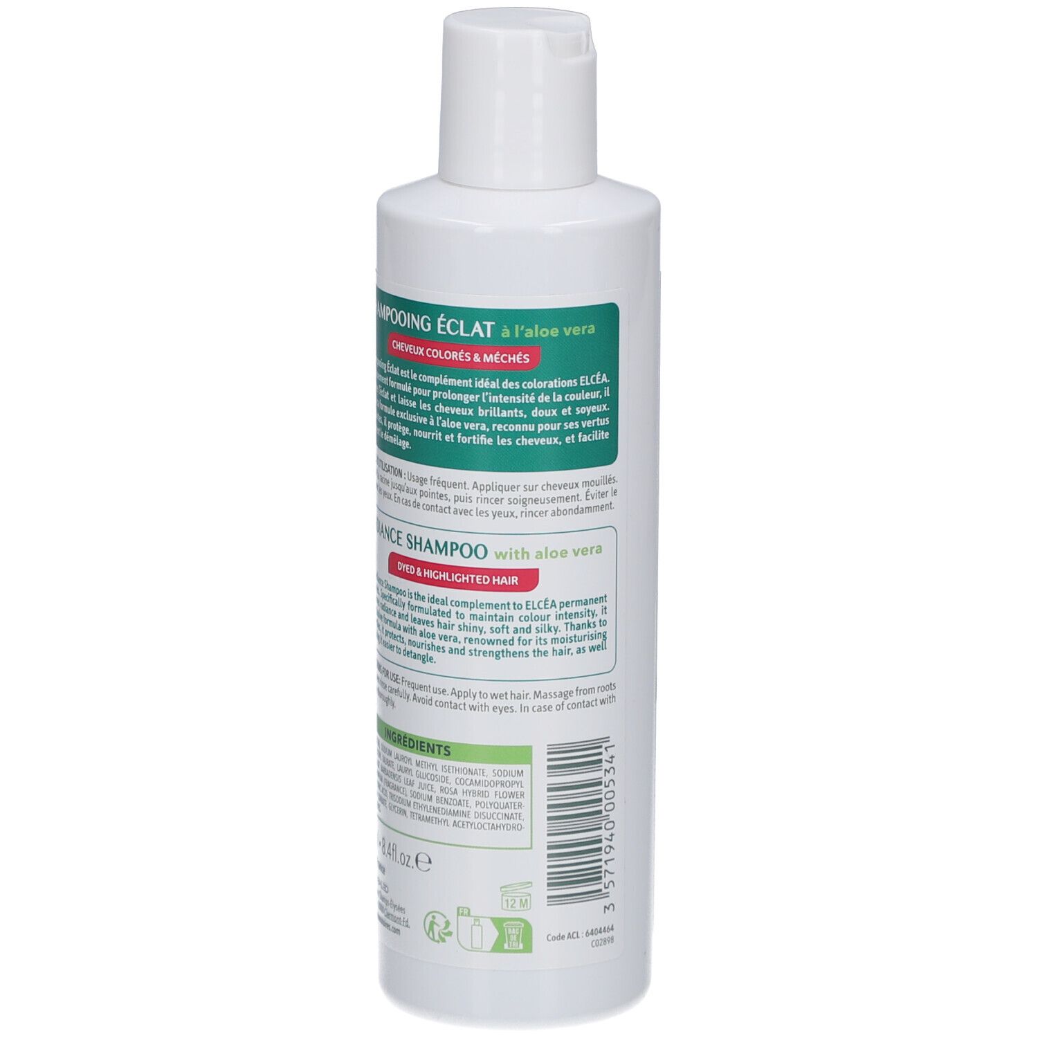 Dos du flacon de shampooing. Texte en français et anglais. Ingrédients et logo.