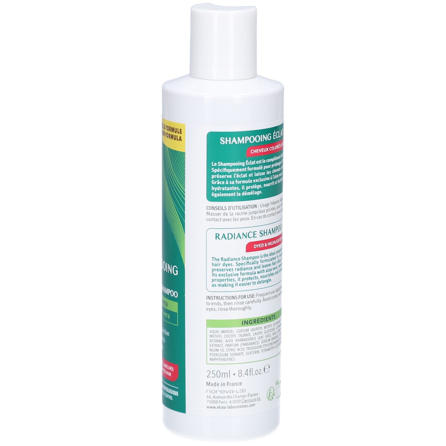 Dos du flacon de shampooing. Texte en français et anglais. Ingrédients et logo.