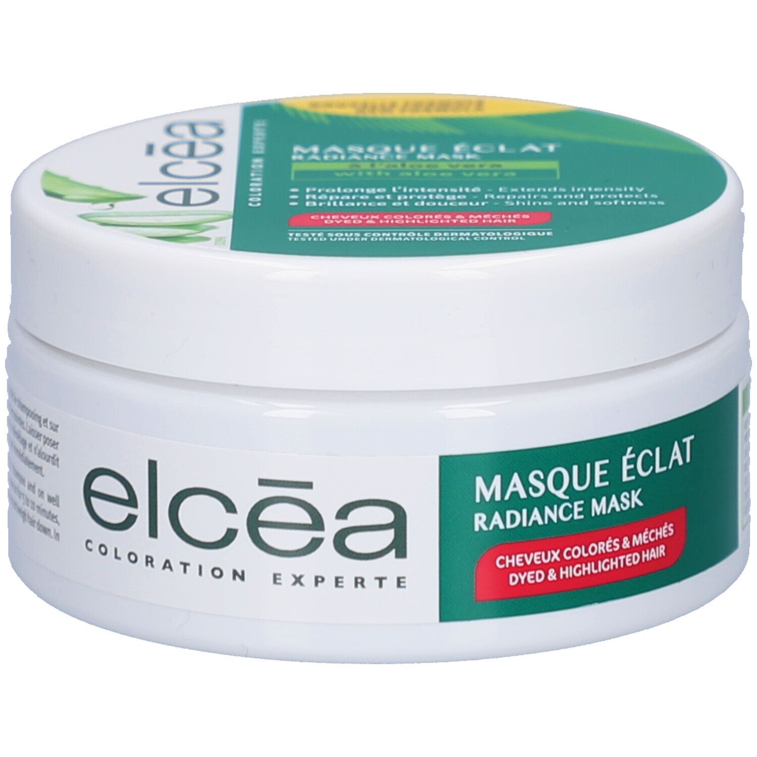 Pot blanc avec couvercle vert. Inscription: elcéa, Masque Éclat, Radiance Mask. Pour cheveux colorés.