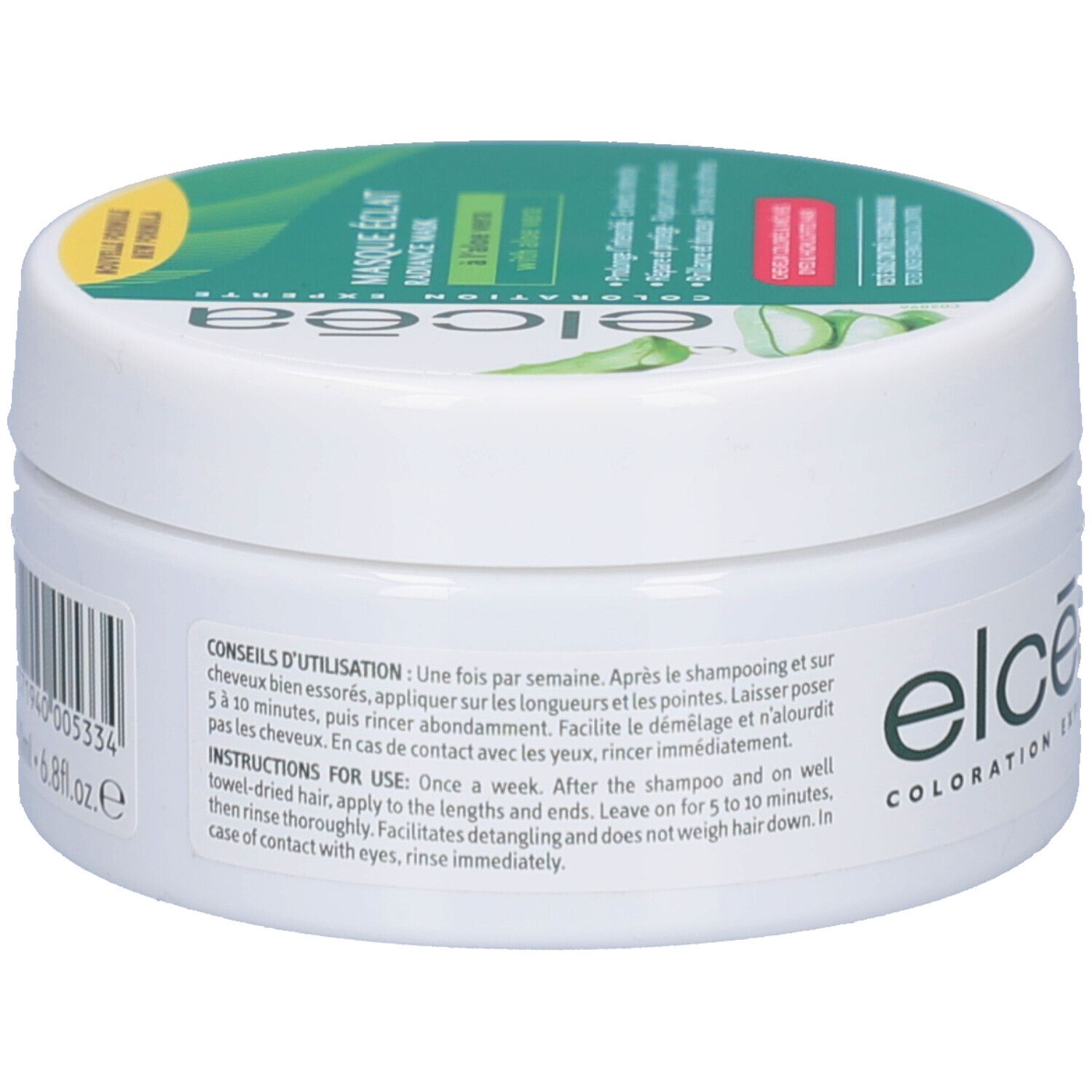 Pot blanc avec texte vert. Texte: Conseils d'utilisation. elcéa, Coloration Experte. Vue arrière.