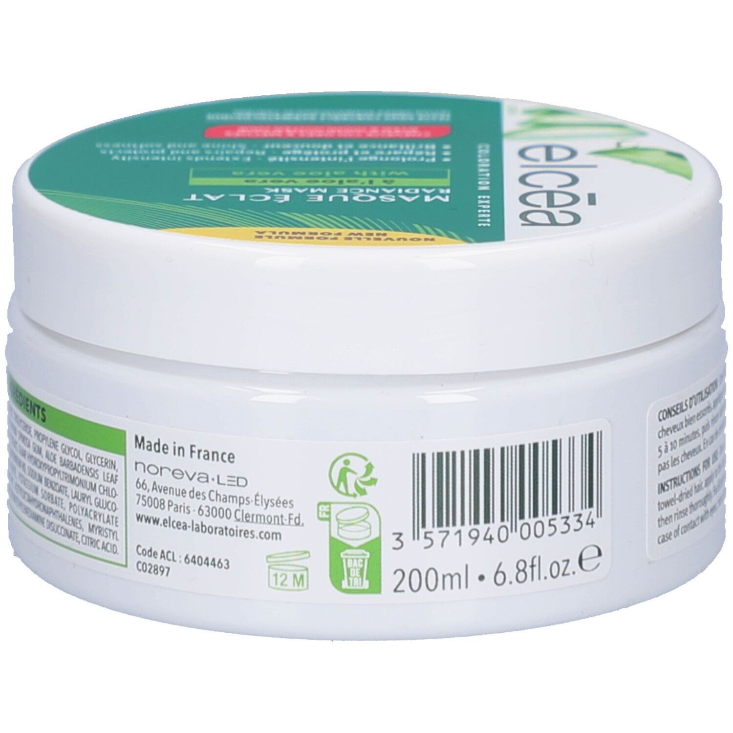 Pot blanc avec texte vert. Texte: Ingrédients, Fabriqué en France. 200ml. Vue arrière.