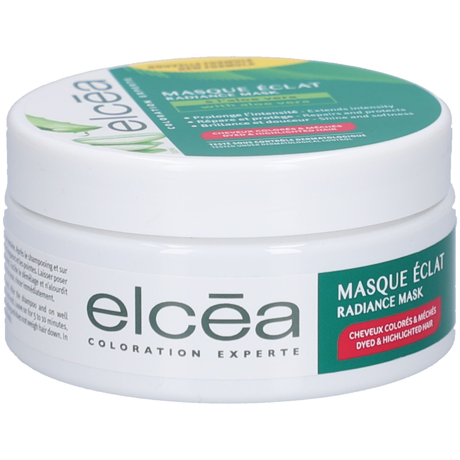 Pot blanc avec texte vert. Inscription: elcéa, Masque Éclat, Radiance Mask. Pour cheveux colorés.