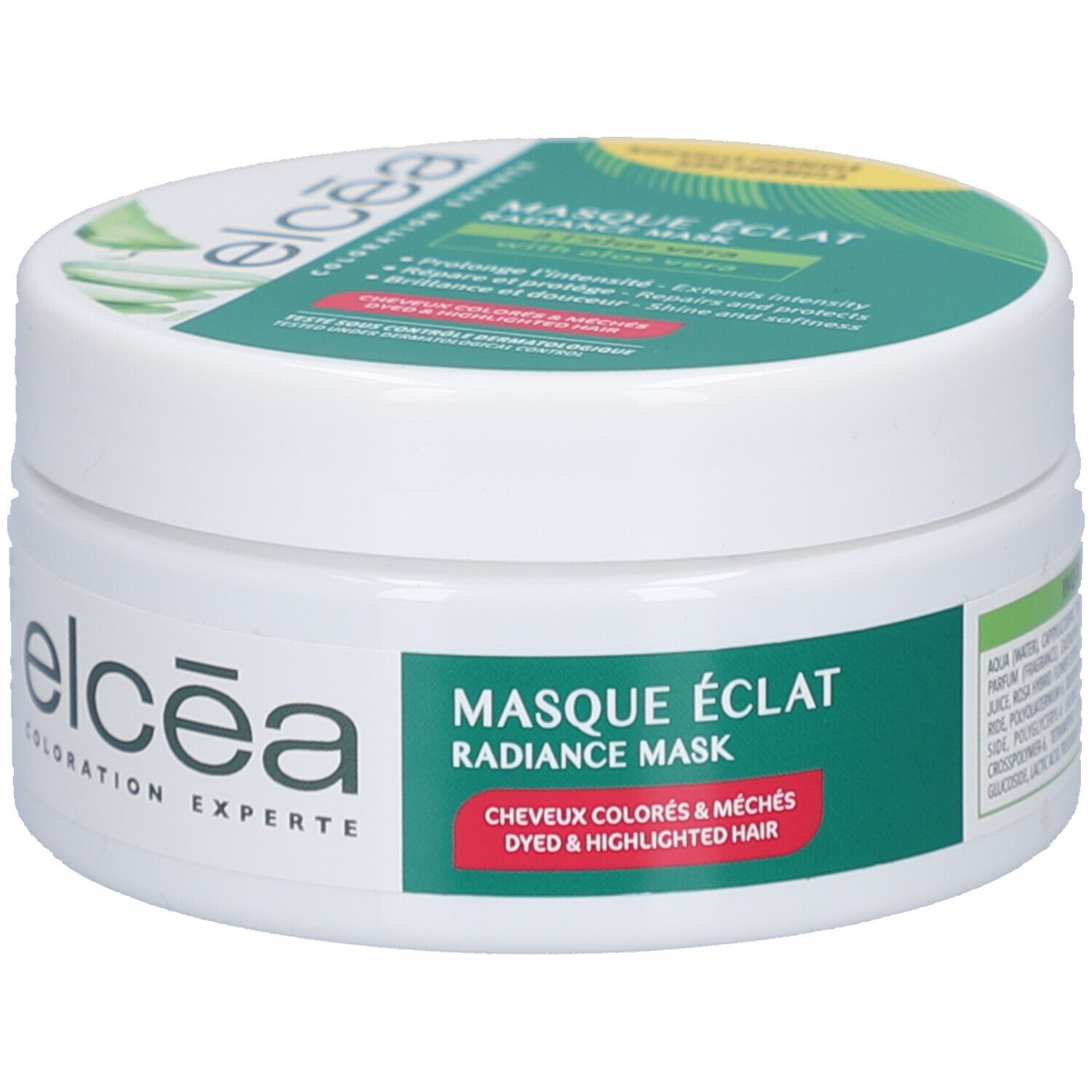 Pot blanc avec texte vert. Texte: Masque Éclat, Radiance Mask. Pour cheveux colorés. elcéa.