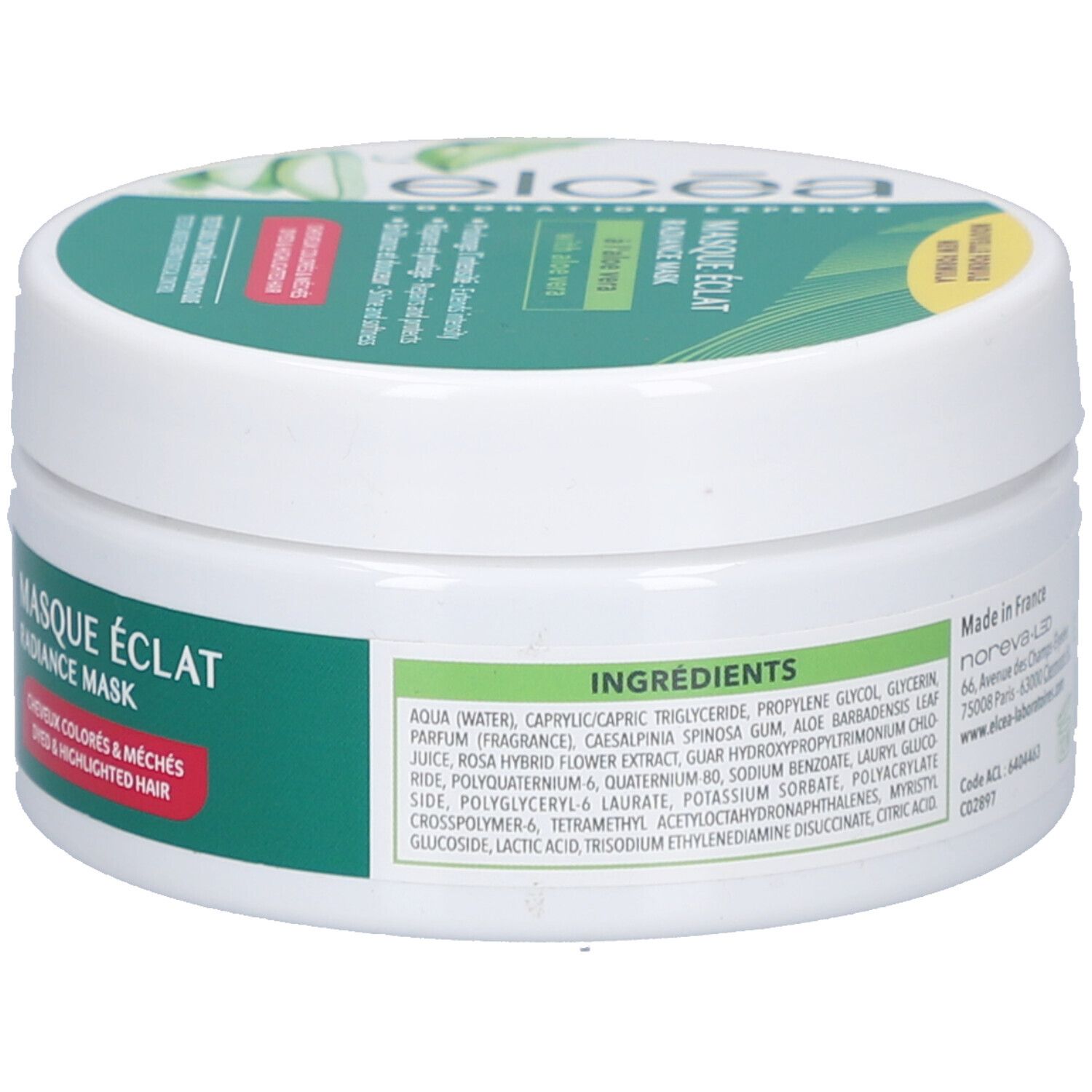 Pot blanc avec texte vert. Texte: Ingrédients, Masque Éclat, Radiance Mask. elcéa.