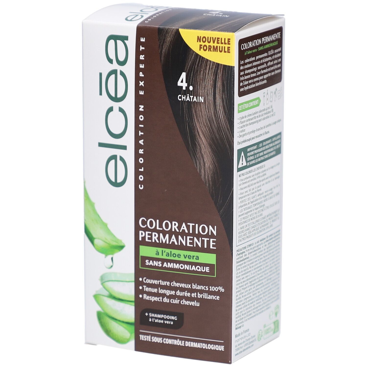 Boîte ELCEA COLOR EXPERT, coloration permanente 4 Châtain. Contient de l'aloe vera, sans ammoniaque. Testé sous contrôle dermatologique.