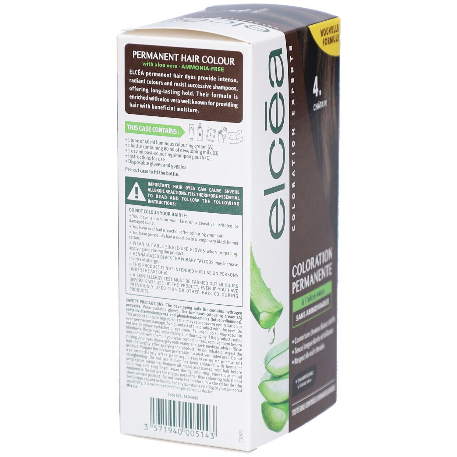 Dos de la boîte de coloration ELCEA. Contient: révélateur, colorant, shampooing, gants. Sans ammoniaque.