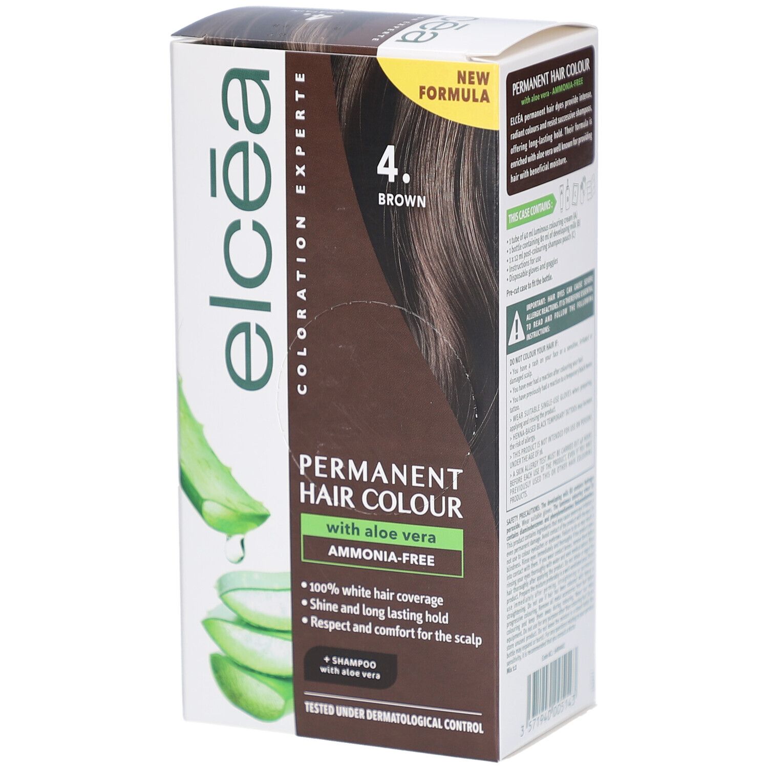 Boîte ELCEA COLOR EXPERT, coloration permanente 4 Brown. Avec aloe vera, sans ammoniaque. Emballage.