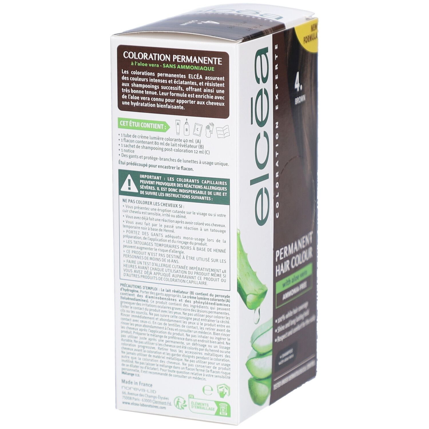 Dos de la boîte de coloration ELCEA. Coloration permanente avec aloe vera, sans ammoniaque. Emballage.