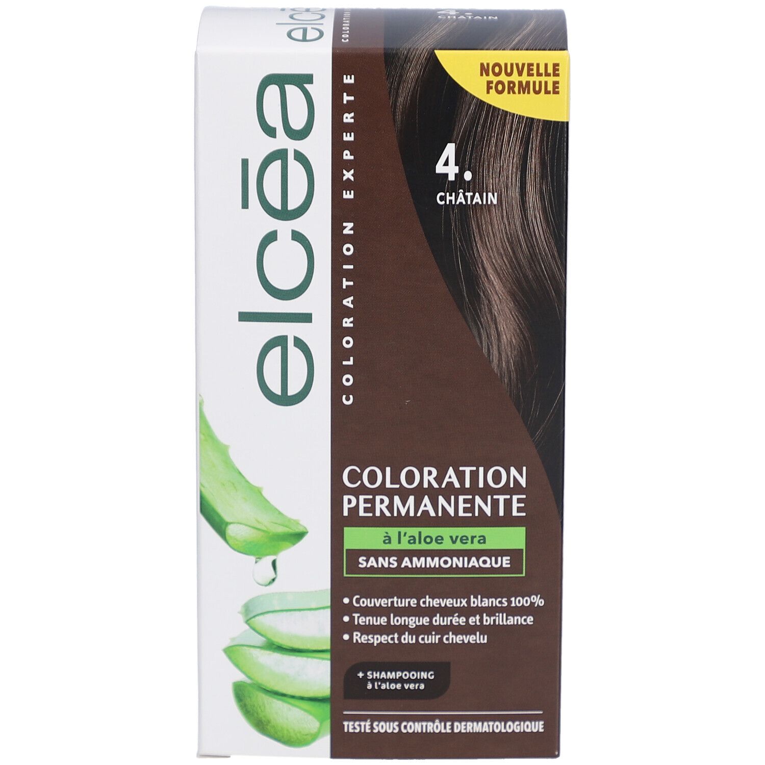 Boîte ELCEA COLOR EXPERT, coloration permanente 4 Châtain. Avec aloe vera, sans ammoniaque. Emballage.