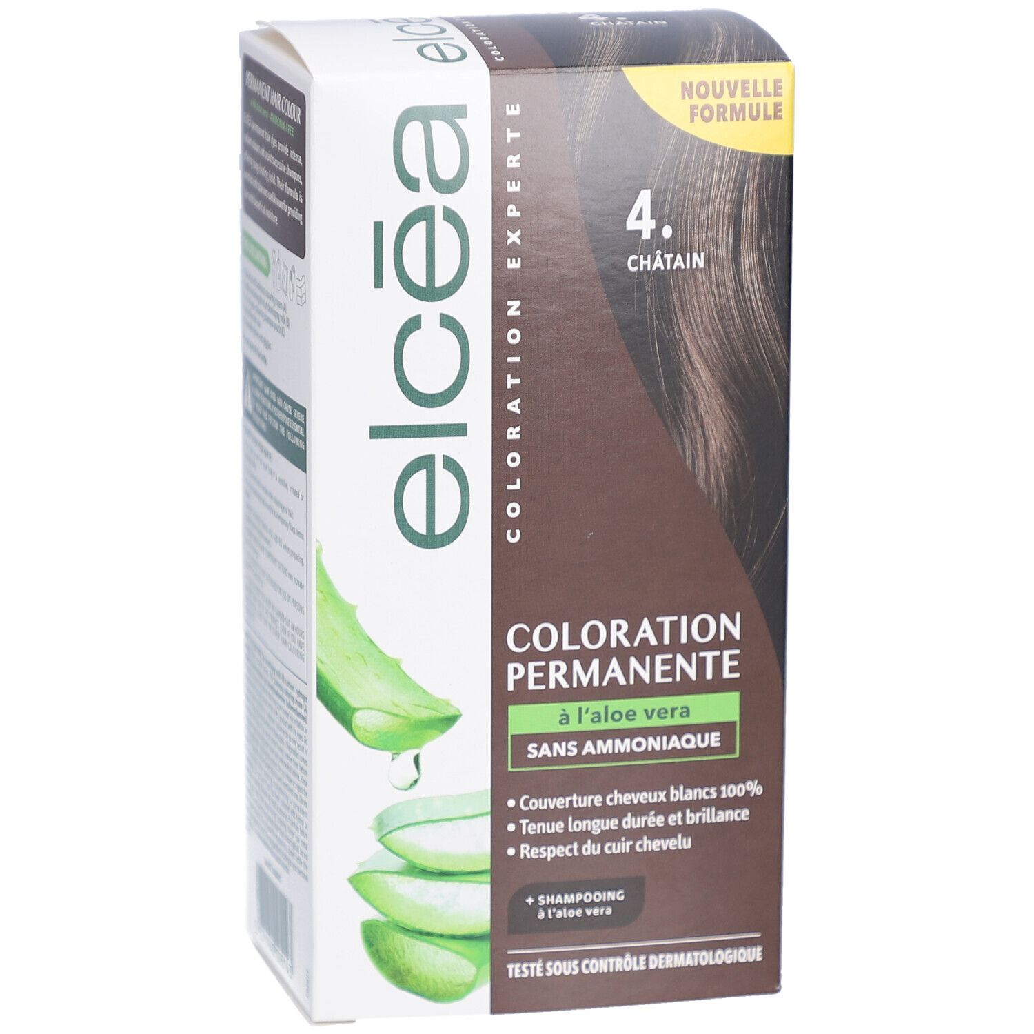 Boîte ELCEA COLOR EXPERT, coloration permanente 4 Châtain. Avec aloe vera, sans ammoniaque. Emballage.