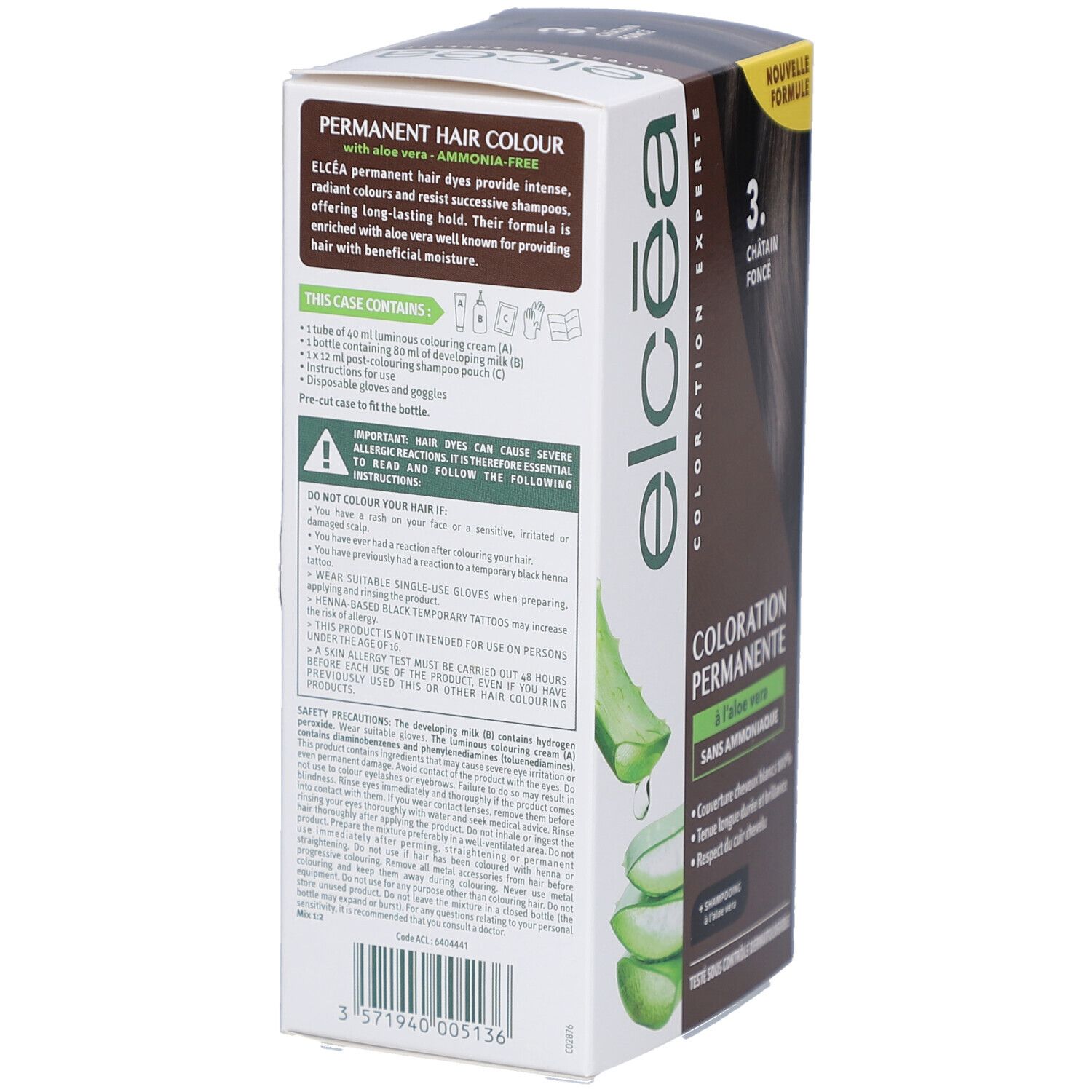 Dos de la boîte ELCEA Coloration Permanente. Contient colorant, révélateur, shampooing. Avertissements et mode d'emploi.